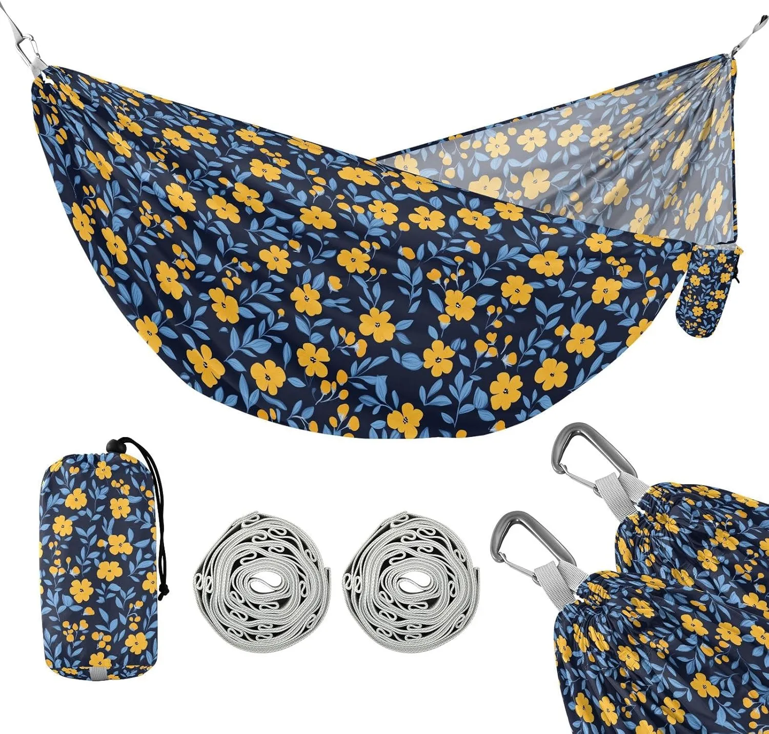 susiyo Portable Camping Hammock Elegant Yellow Flowers Printed Lightweight Hammock Comfortable Travel Swing with Tree Straps for Camping Hiking Backpacking Travel or Beach - Up to 330lbs