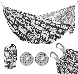 susiyo Portable Camping Hammock White Cartoon Monsters Printed Lightweight Hammock Comfortable Travel Swing with Tree Straps for Camping Hiking Backpacking Travel or Beach - Up to 330lbs