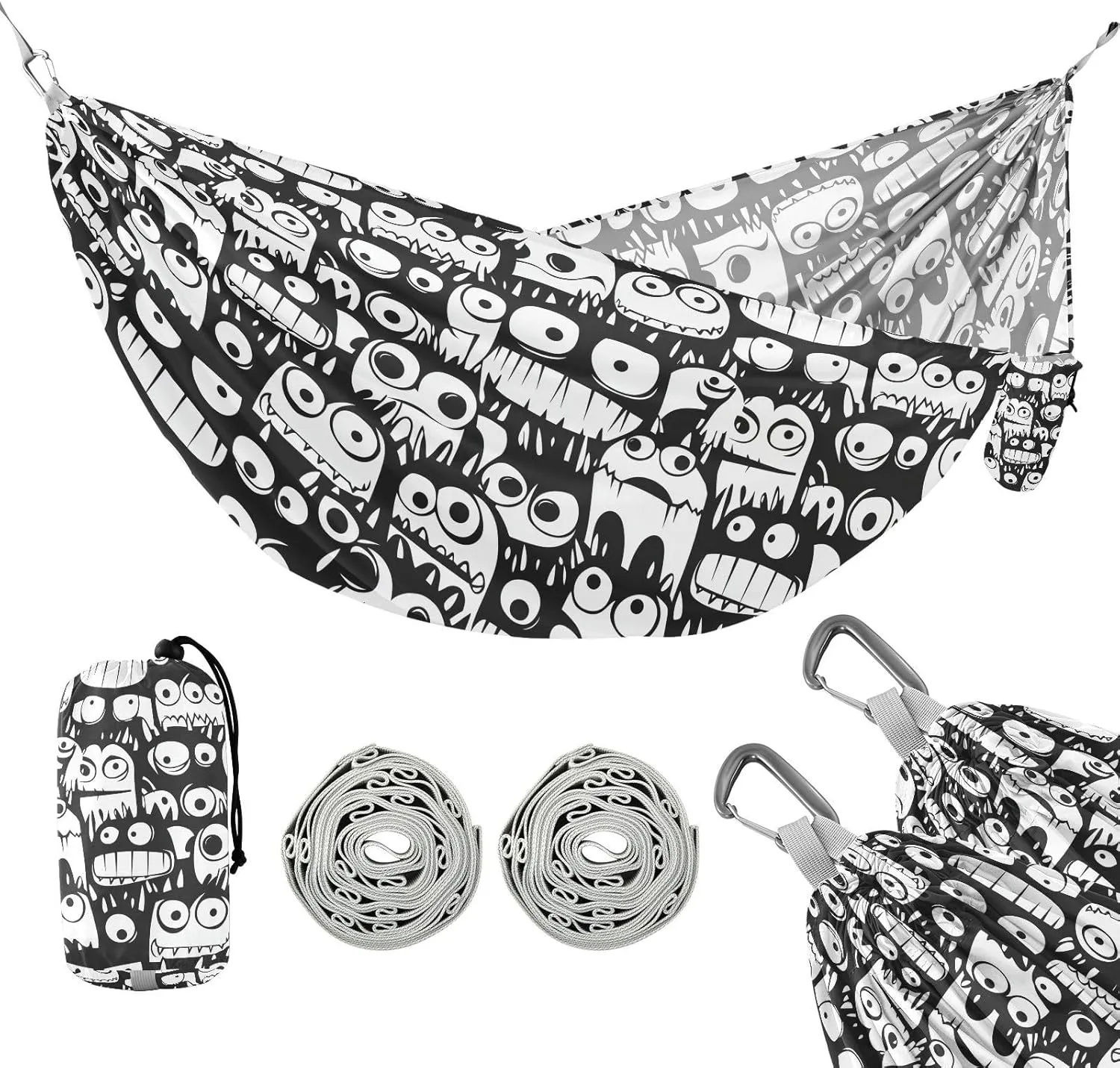susiyo Portable Camping Hammock White Cartoon Monsters Printed Lightweight Hammock Comfortable Travel Swing with Tree Straps for Camping Hiking Backpacking Travel or Beach - Up to 330lbs