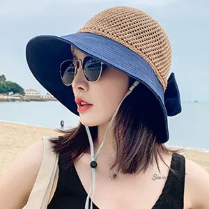 syeigh Sun Hat Woman Summer Hats with Visor Hollow Straw Hat Bow Design Sun Hat Travel Mesh Bucket Hat