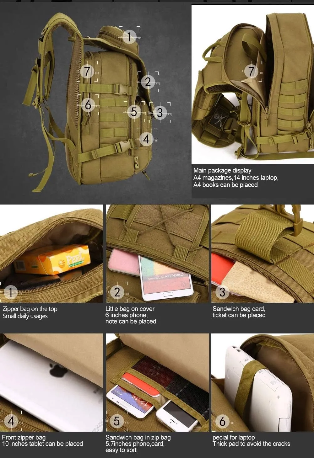 Tactical Backpack 40L Military Backpack 900D Nylon Waterproof Army Rucksack Camping Hiking Fishing Hunting Bag(S413-40-Jungle digital)