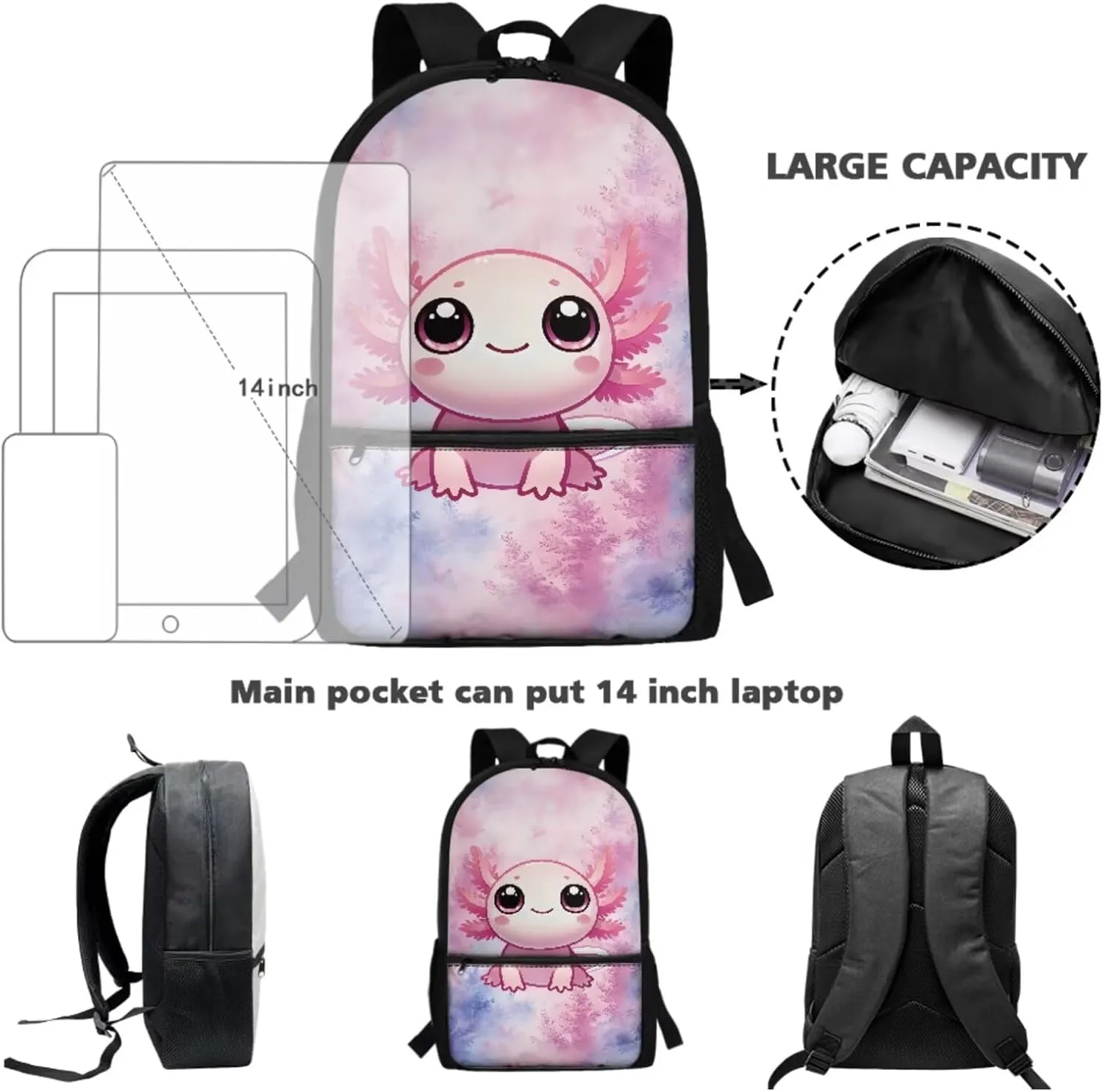 Talayituse Axolotl Forest Print 3 Pieces Backpack for Teens Girls, Kids School Backpack with Lunch Box Pencil Case Set, 17" Schoolbag Bookbag for Elementary Middle High School Students