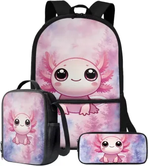 Talayituse Axolotl Forest Print 3 Pieces Backpack for Teens Girls, Kids School Backpack with Lunch Box Pencil Case Set, 17" Schoolbag Bookbag for Elementary Middle High School Students