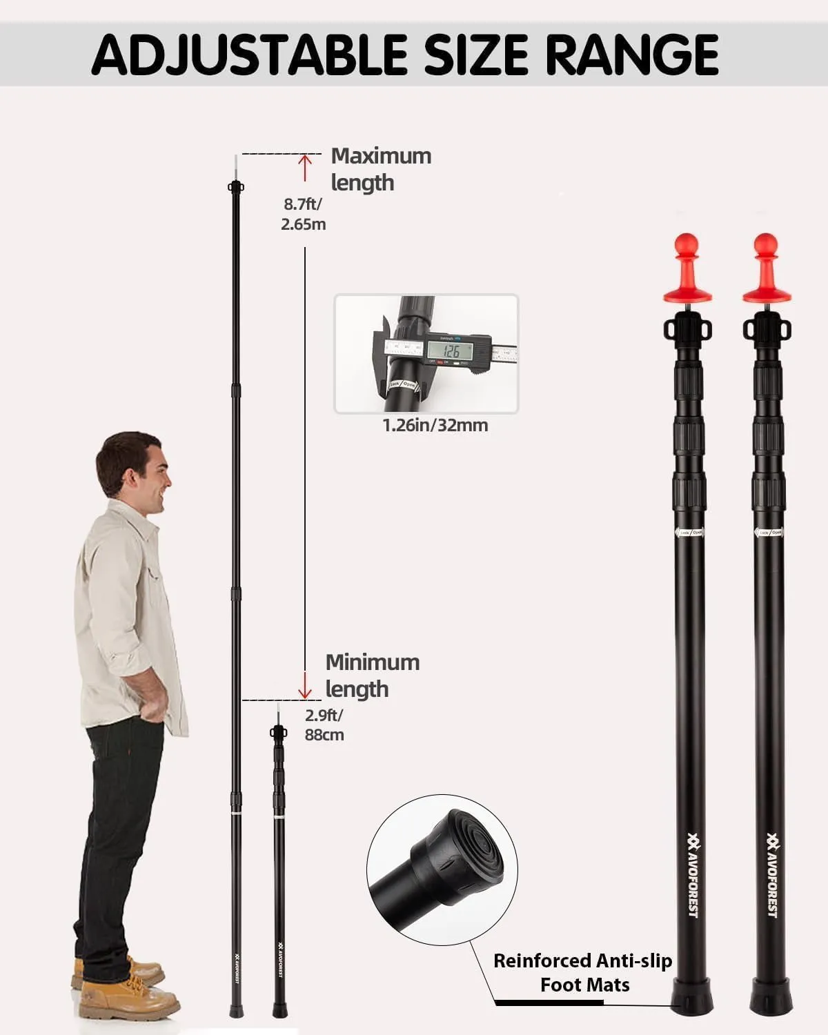 Tarp Poles Heavy Duty Adjustable, AVOFOREST Aviation Aluminum 8.7FT Tent Poles Lengthen and Thicken with Protection Cap Awning Poles Set of 2 for Hiking