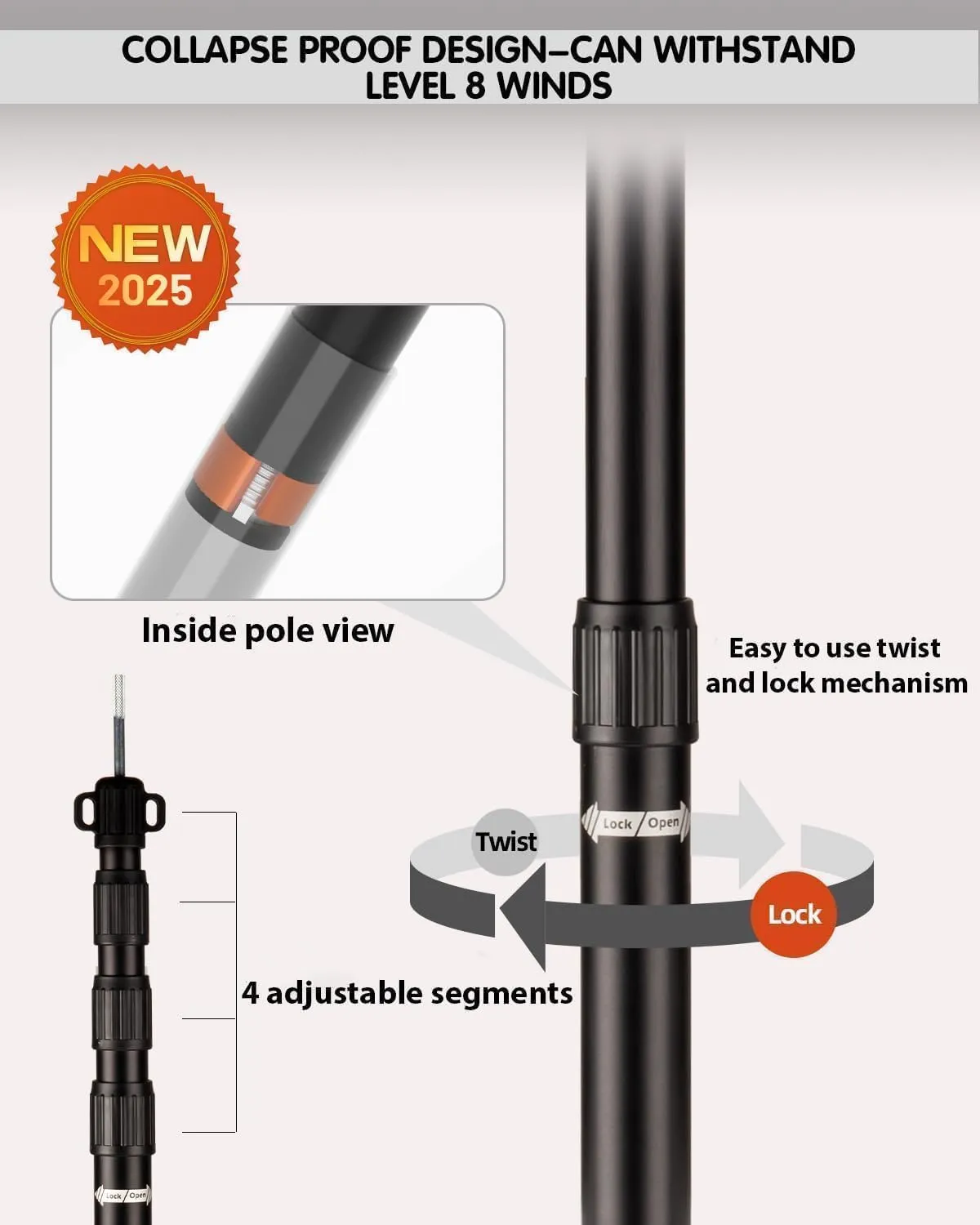 Tarp Poles Heavy Duty Adjustable, AVOFOREST Aviation Aluminum 8.7FT Tent Poles Lengthen and Thicken with Protection Cap Awning Poles Set of 2 for Hiking