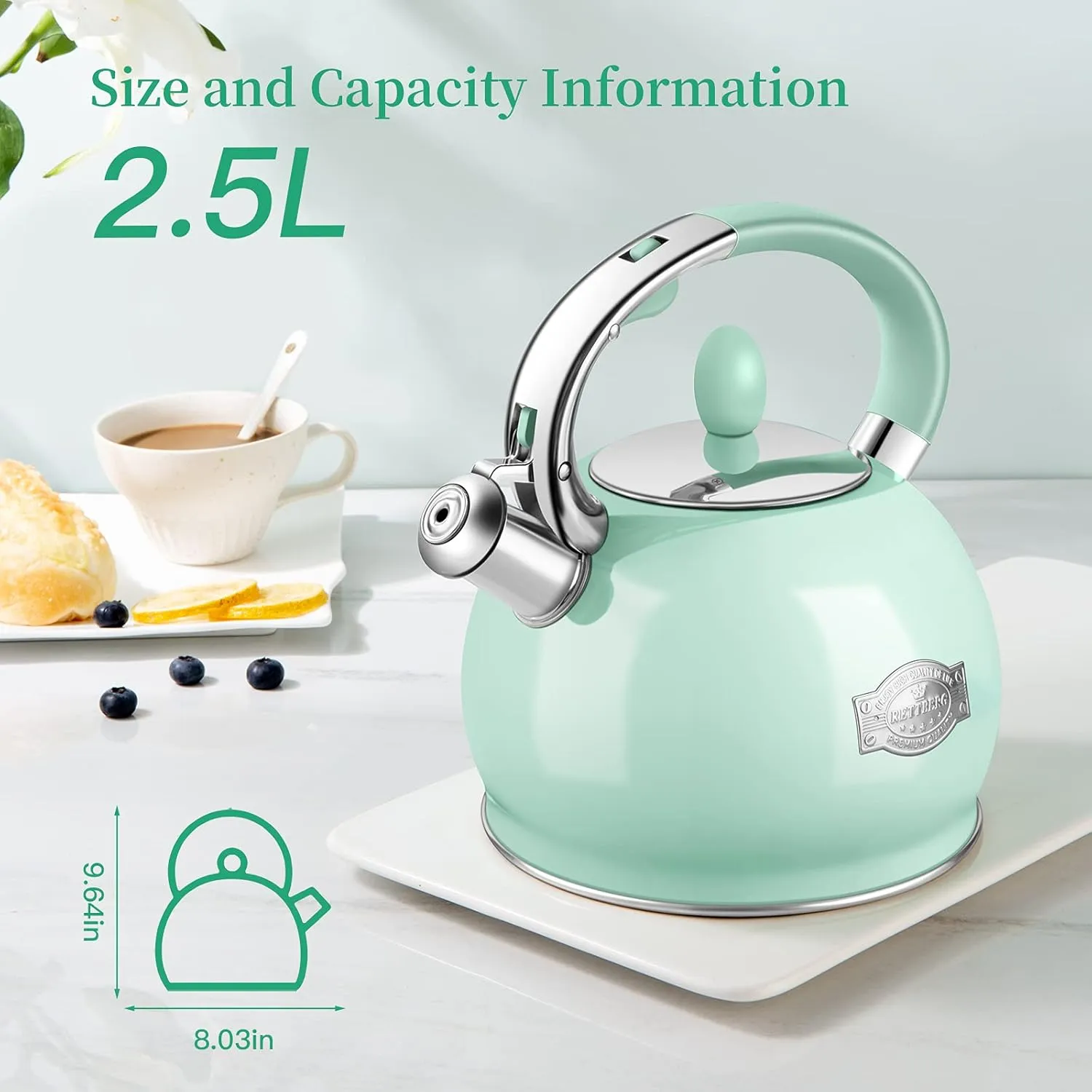 Tea Kettle for Stovetop Whistling Tea Kettles Modern Green Stainless Steel Teapots, 2.64 Quart (Mint Green)