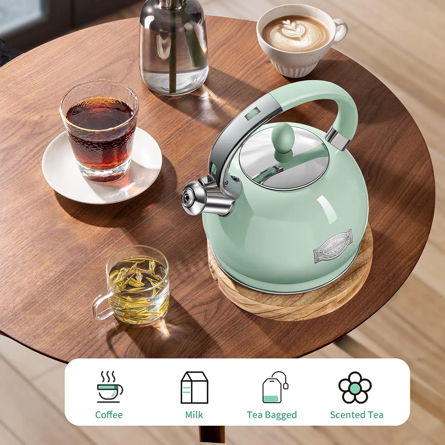 Tea Kettle for Stovetop Whistling Tea Kettles Modern Green Stainless Steel Teapots, 2.64 Quart (Mint Green)