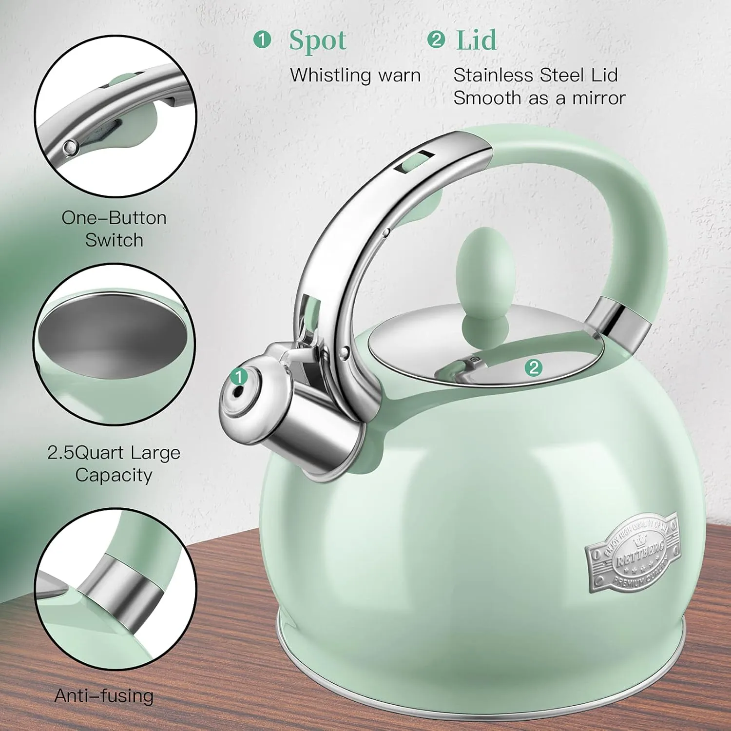Tea Kettle for Stovetop Whistling Tea Kettles Modern Green Stainless Steel Teapots, 2.64 Quart (Mint Green)