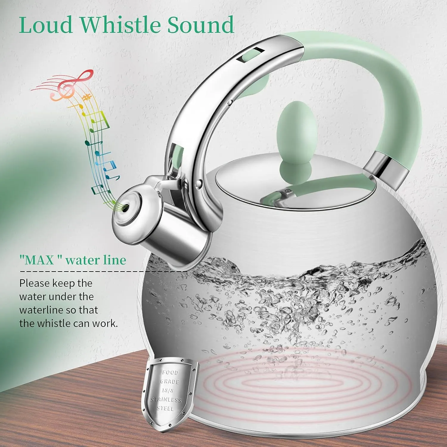 Tea Kettle for Stovetop Whistling Tea Kettles Modern Green Stainless Steel Teapots, 2.64 Quart (Mint Green)
