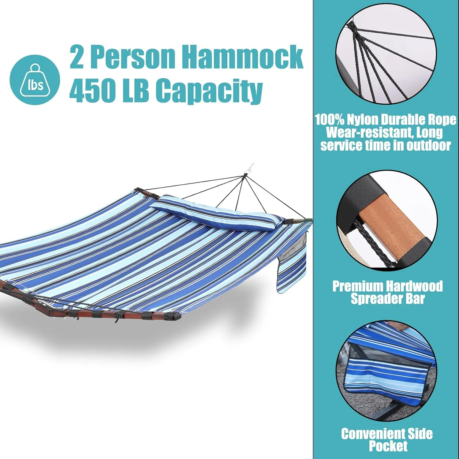 TegerDeger 12FT 2 Person Hammock Large Hammock 450LB Capacity with V Shaped Hardwood Spreader Bar & Nylon Rope for Outside, Patio, Garden, Backyard, Beach, Poolside - Blue Stripes