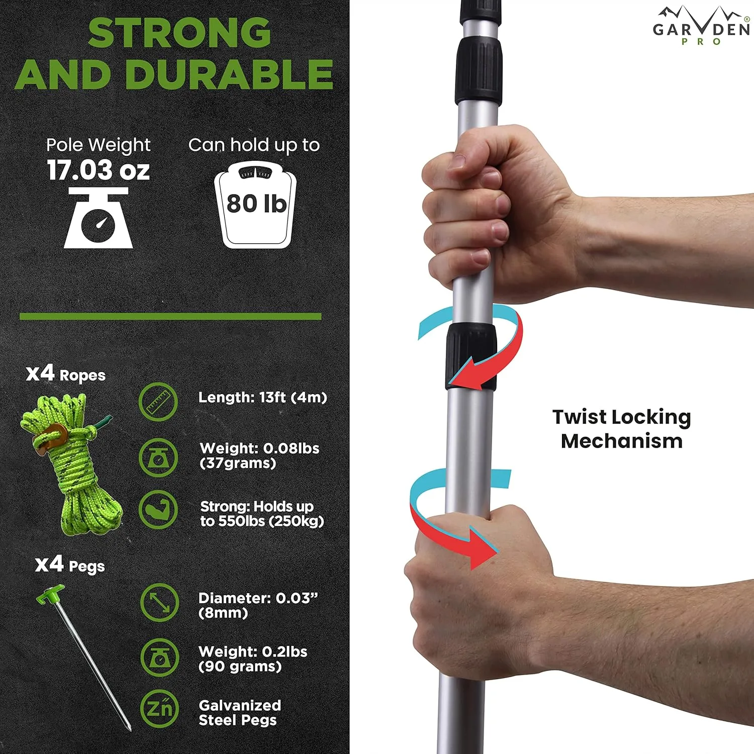 Telescoping Tarp Poles | Replacement Canopy Adjustable Aluminum Rods, Portable & Lightweight for Tent Fly, Awning, Outdoor Camping, Hiking, Backpacking & Rainfly   Pegs & Reflective Ropes