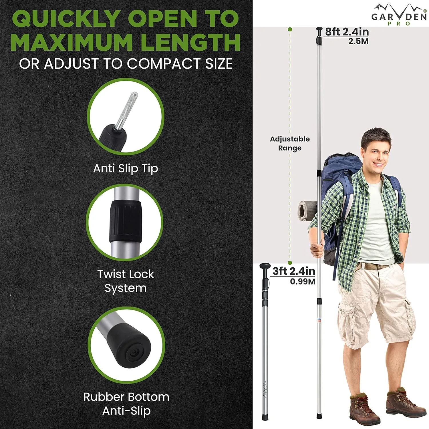 Telescoping Tarp Poles | Replacement Canopy Adjustable Aluminum Rods, Portable & Lightweight for Tent Fly, Awning, Outdoor Camping, Hiking, Backpacking & Rainfly   Pegs & Reflective Ropes