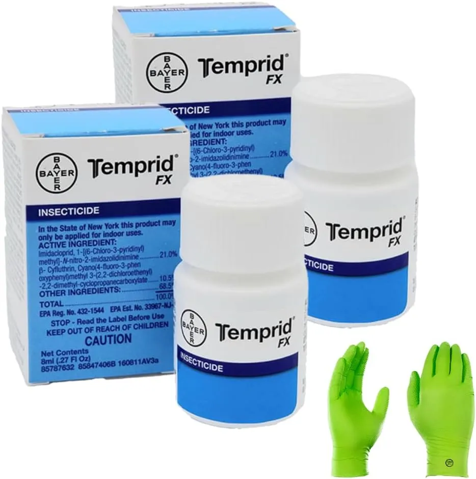 Temprid FX 8ml - Multi-Purpose Suspension Concentrate Insecticide, for Indoor and Outdoor use (2 Single use Bottles) | USA Supply Gloves and Pest Identification Card