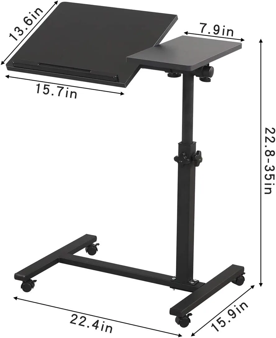 TigerDad Overbed Bedside Desk Mobile Rolling Laptop Stand Tilting Overbed Table with Wheels Height Adjustable Tray Table for Laptop Bed Sofa Side Table (Black)