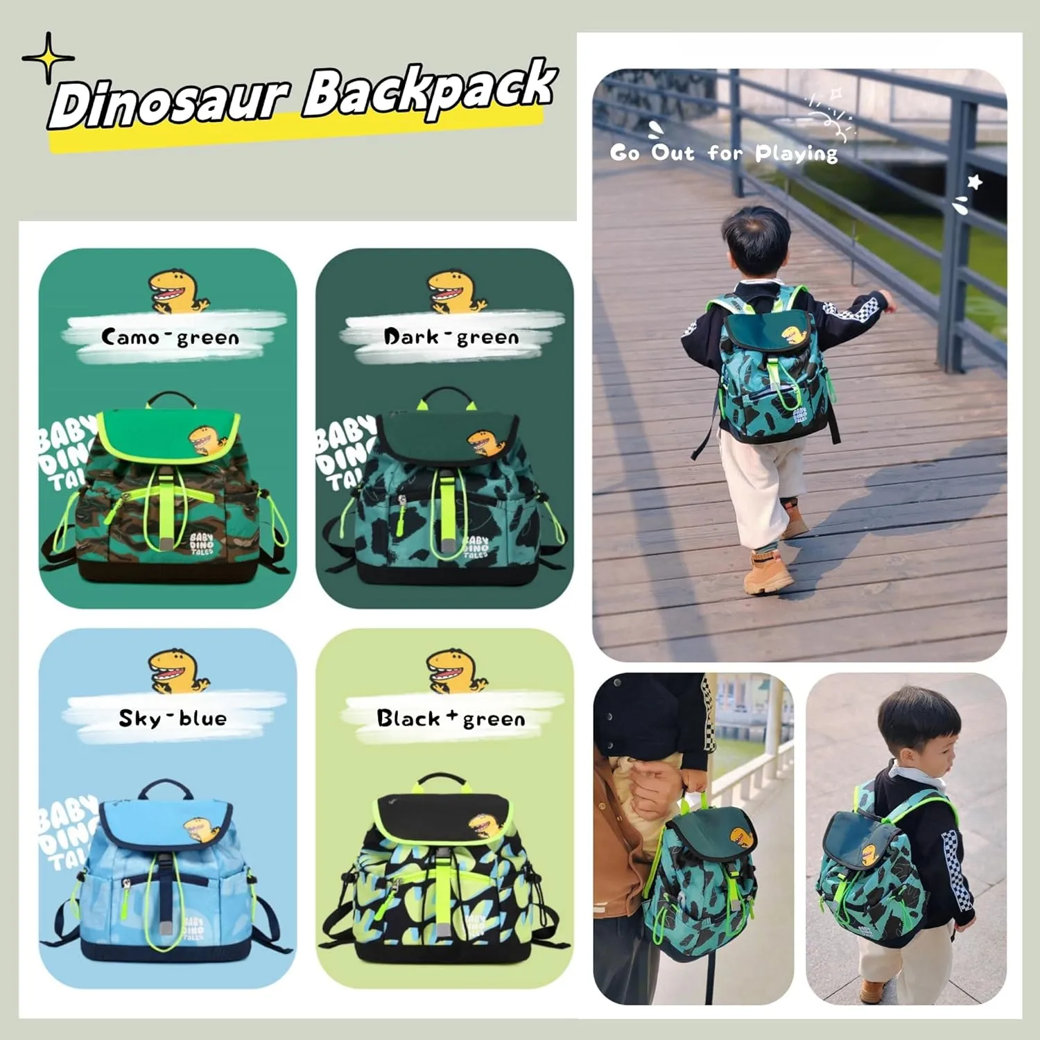 Toddler Kids Backpack for Boys, Dinosaur Drawstring Preschool Backpack Outdoor Travel Daycare Bag, Dry-Wet Separated, Fit A4 Folder, Dark-green