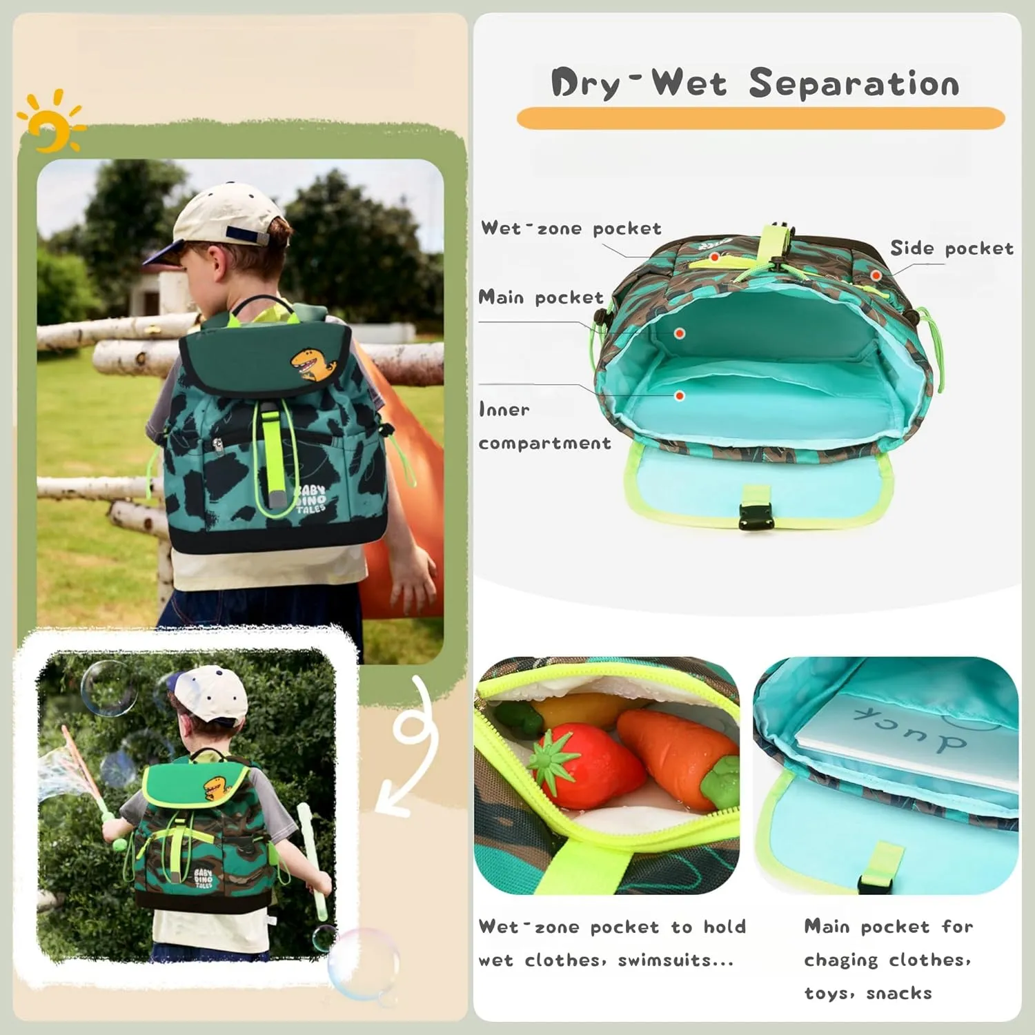 Toddler Kids Backpack for Boys, Dinosaur Drawstring Preschool Backpack Outdoor Travel Daycare Bag, Dry-Wet Separated, Fit A4 Folder, Dark-green