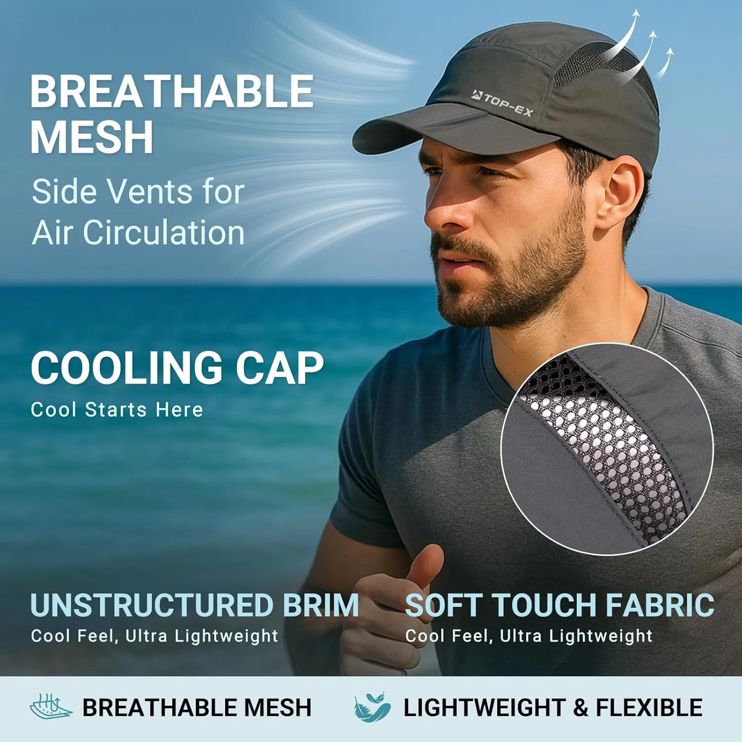 TOP-EX Oversized XL XXL Foldable Reflective Unstructured Design Running Breathable Cooling Quick Dry Baseball Caps
