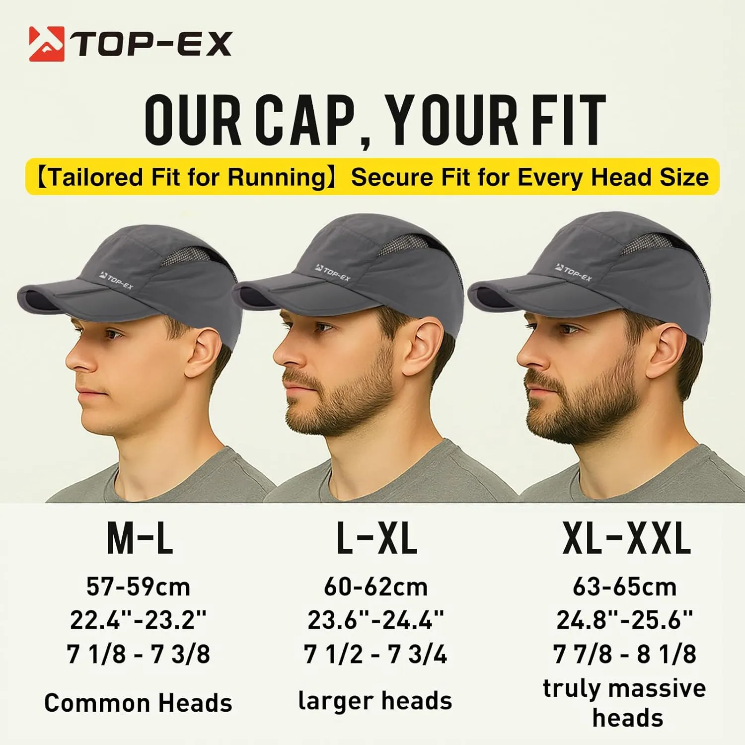 TOP-EX Oversized XL XXL Foldable Reflective Unstructured Design Running Breathable Cooling Quick Dry Baseball Caps