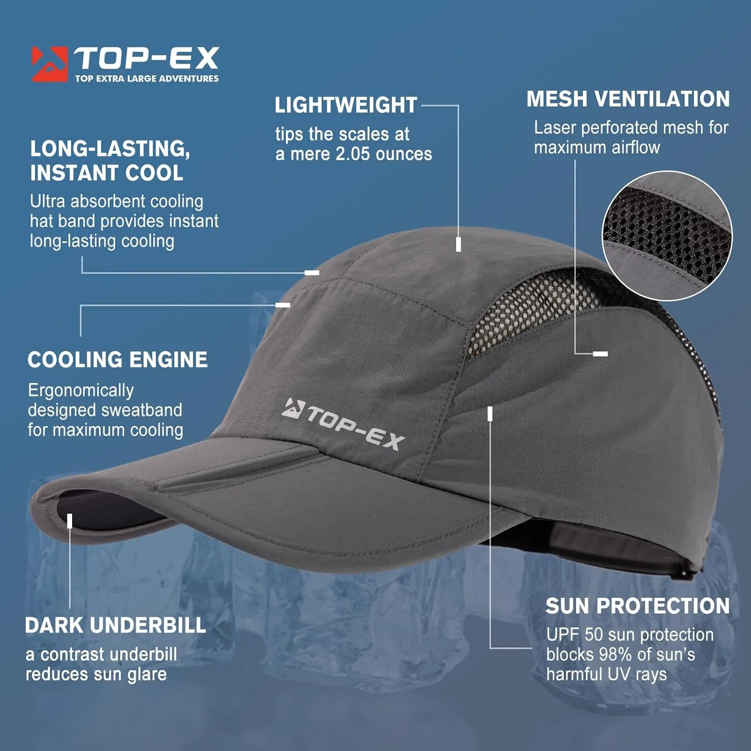 TOP-EX Oversized XL XXL Foldable Reflective Unstructured Design Running Breathable Cooling Quick Dry Baseball Caps