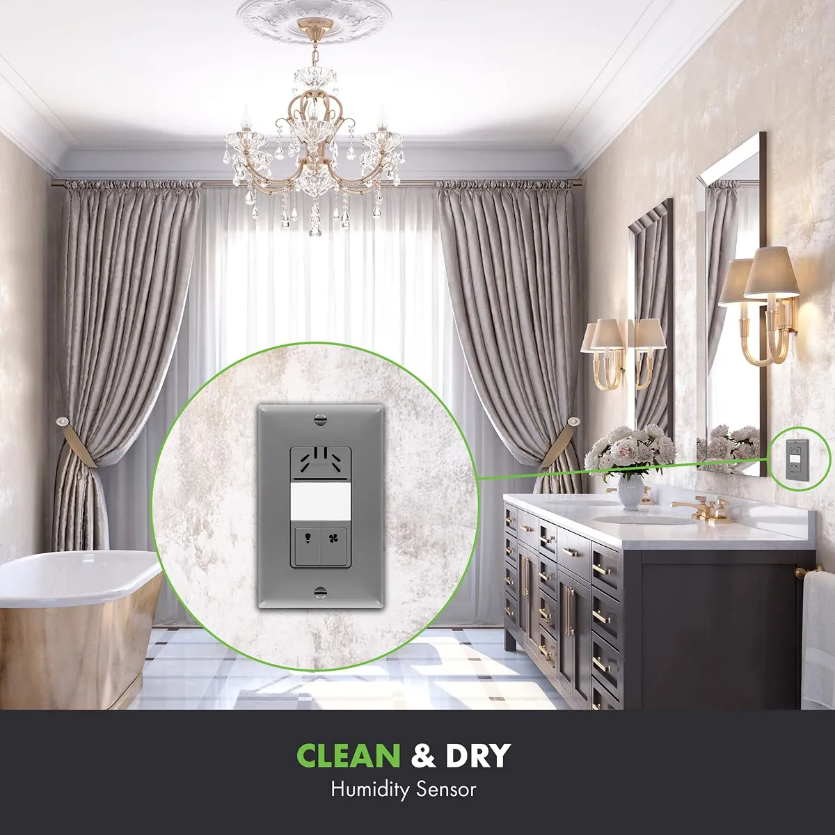 TOPGREENER Humidity Sensor Switch, Dual Tech Humidity PIR Motion Sensor Switch for Separate Fan and Light Control, 500W, 3A, Neutral Required, TDHOS5, Gray