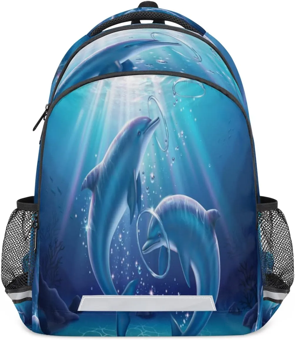 Tow Dolphins Backpack with Reflective Strip, Seabed Sea Animal Lightweight Backpack Travel Bag Casual Daypack Laptop Bag