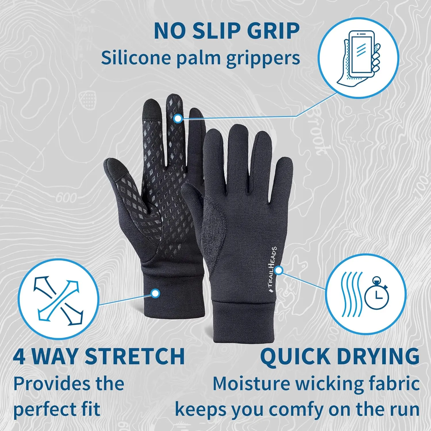 TrailHeads Men’s Power Running Gloves - Black Touchscreen Gloves - Lightweight Gloves