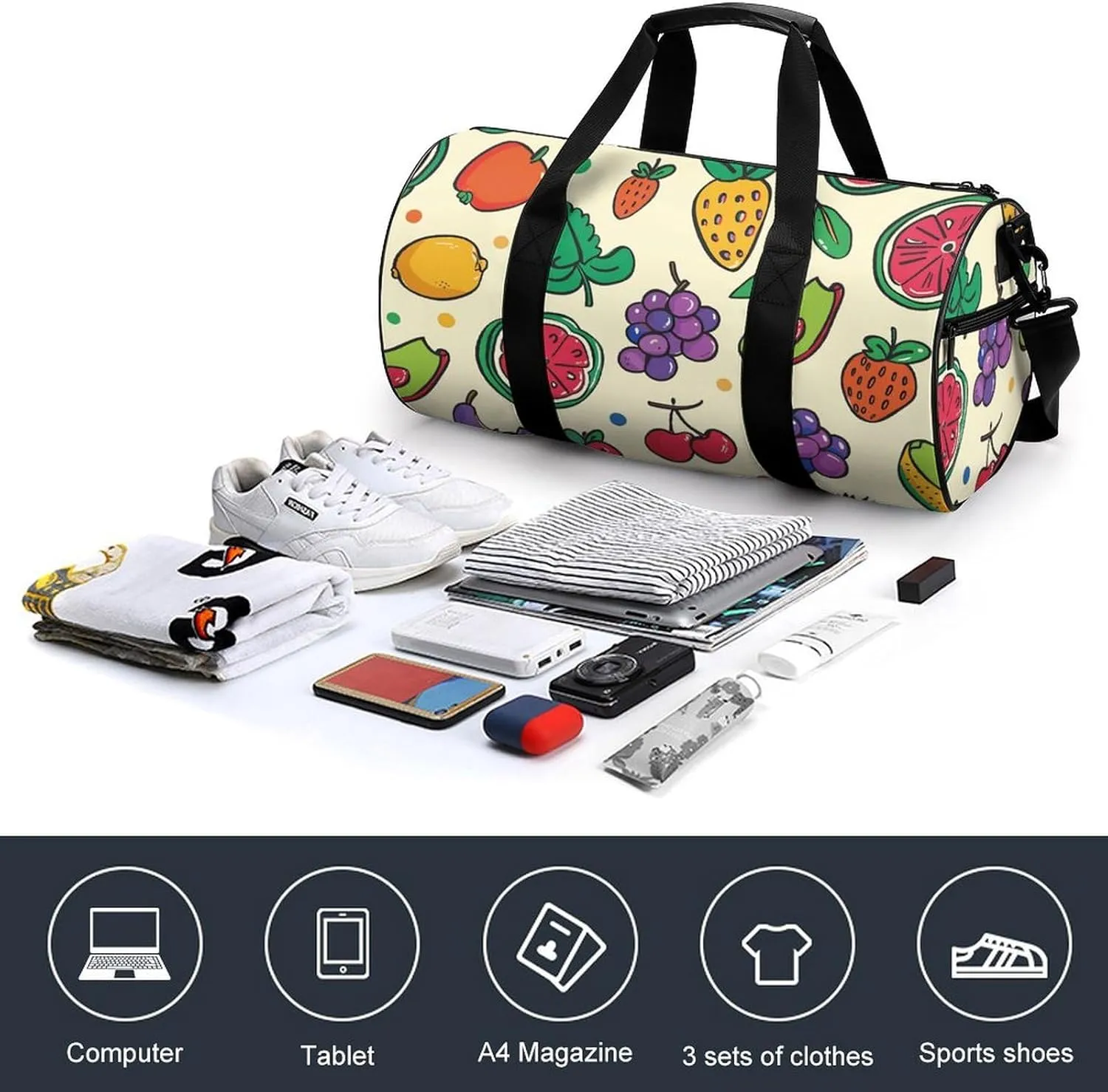 Travel Duffel Bag for Men And Women,Doodles with Fruits Waterproof Sports Fitness Bag Portable Travel Duffel Bag