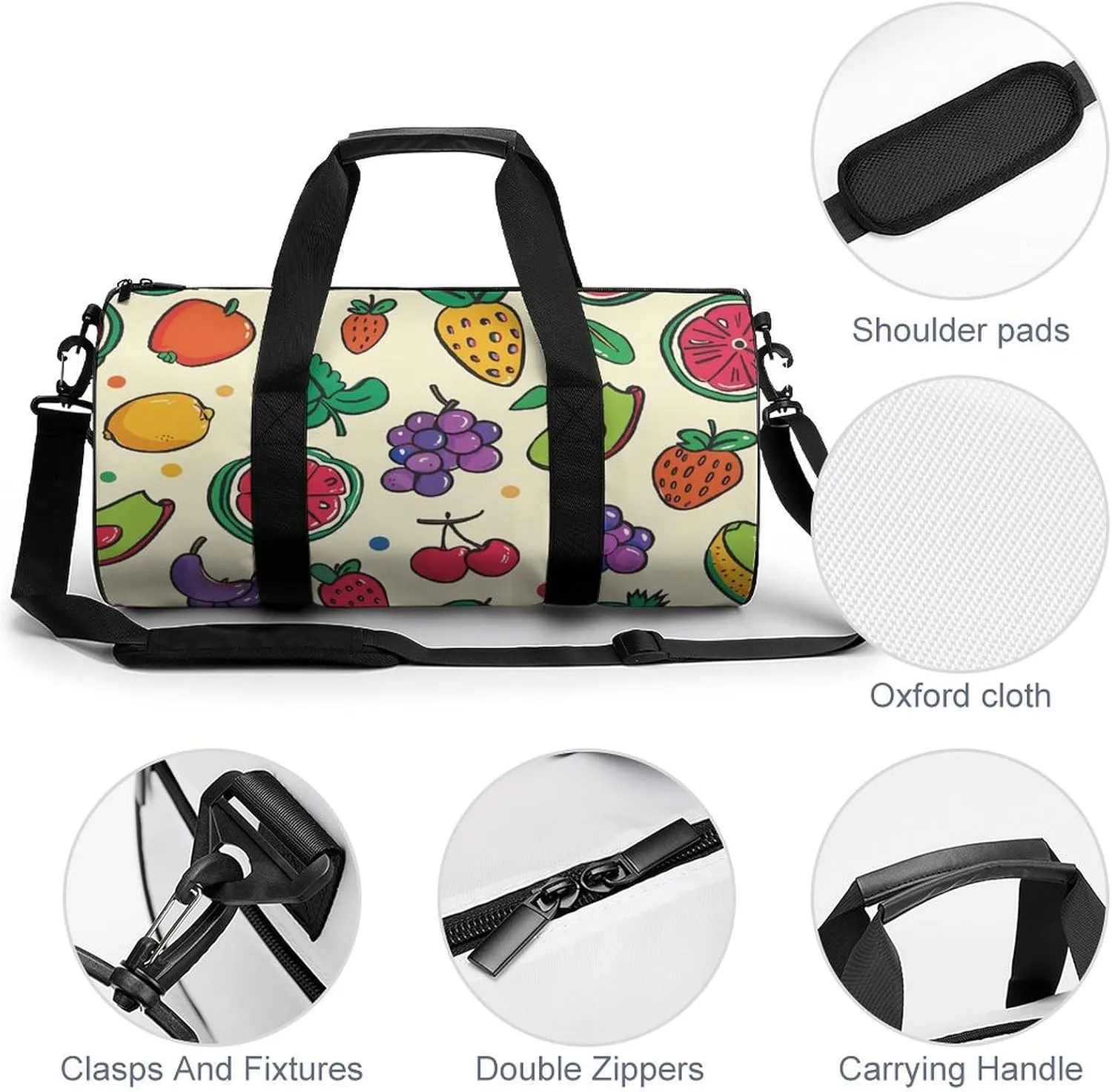 Travel Duffel Bag for Men And Women,Doodles with Fruits Waterproof Sports Fitness Bag Portable Travel Duffel Bag