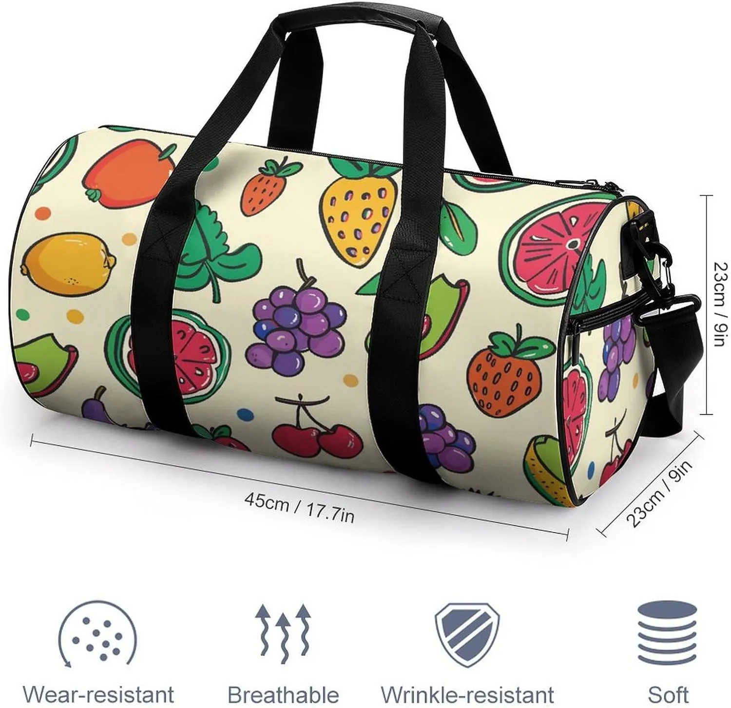 Travel Duffel Bag for Men And Women,Doodles with Fruits Waterproof Sports Fitness Bag Portable Travel Duffel Bag