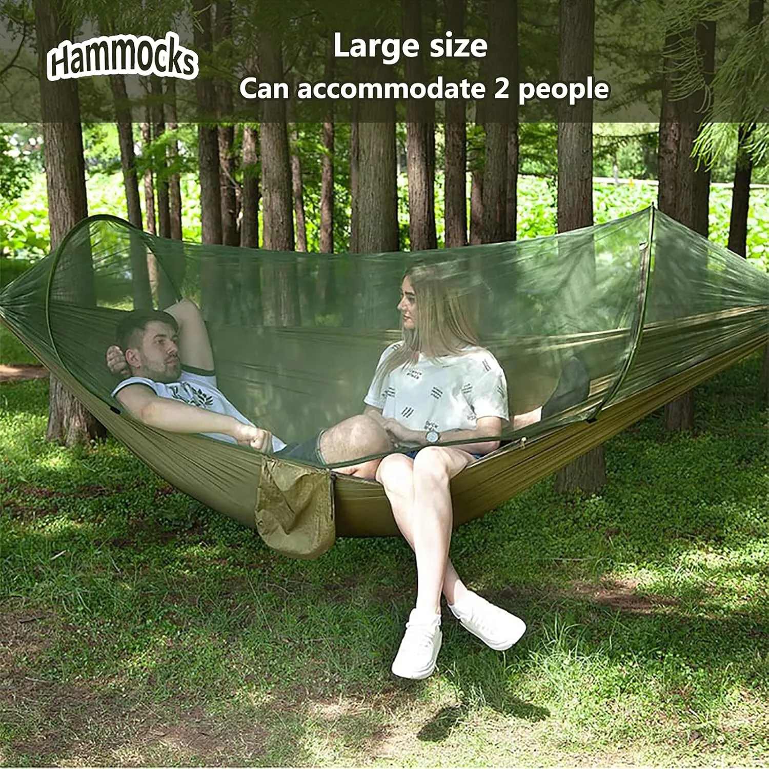 Travel Hammock with Mosquito Net, Lightweight Camping Hammock Hold Up to 200kg, Portable Outdoor Hammock for Camping Hiking Backpacking,Army Green,290x140cm