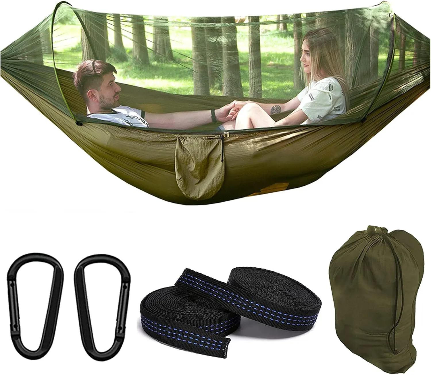 Travel Hammock with Mosquito Net, Lightweight Camping Hammock Hold Up to 200kg, Portable Outdoor Hammock for Camping Hiking Backpacking,Army Green,290x140cm