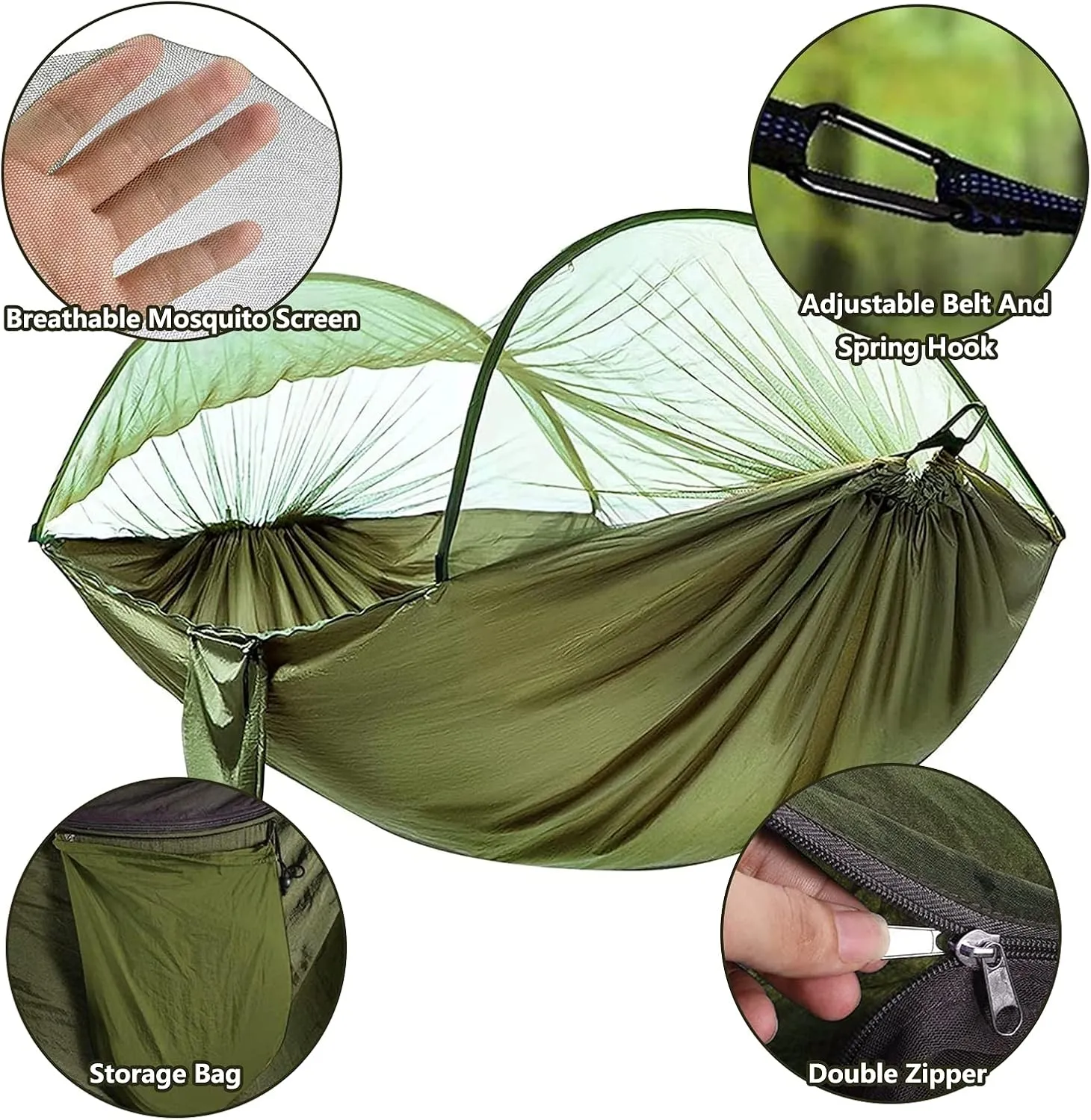 Travel Hammock with Mosquito Net, Lightweight Camping Hammock Hold Up to 200kg, Portable Outdoor Hammock for Camping Hiking Backpacking,Army Green,290x140cm