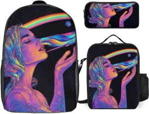 Travel Laptop Backpack Set, 3 Pieces Casual Bookbag with Lunch Bag Pencil Bag Trippy Moon Goddess Art 17 inch Daypack Insulated Lunchbox Mekup Bag