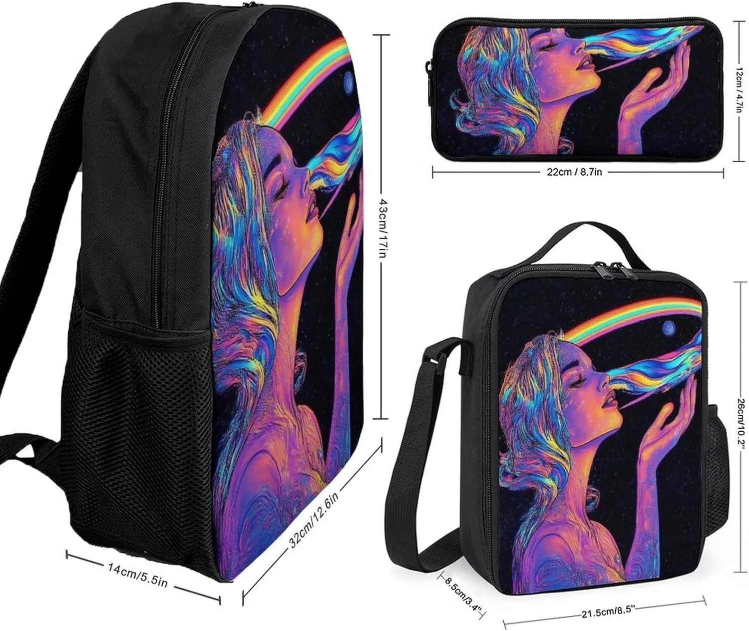 Travel Laptop Backpack Set, 3 Pieces Casual Bookbag with Lunch Bag Pencil Bag Trippy Moon Goddess Art 17 inch Daypack Insulated Lunchbox Mekup Bag