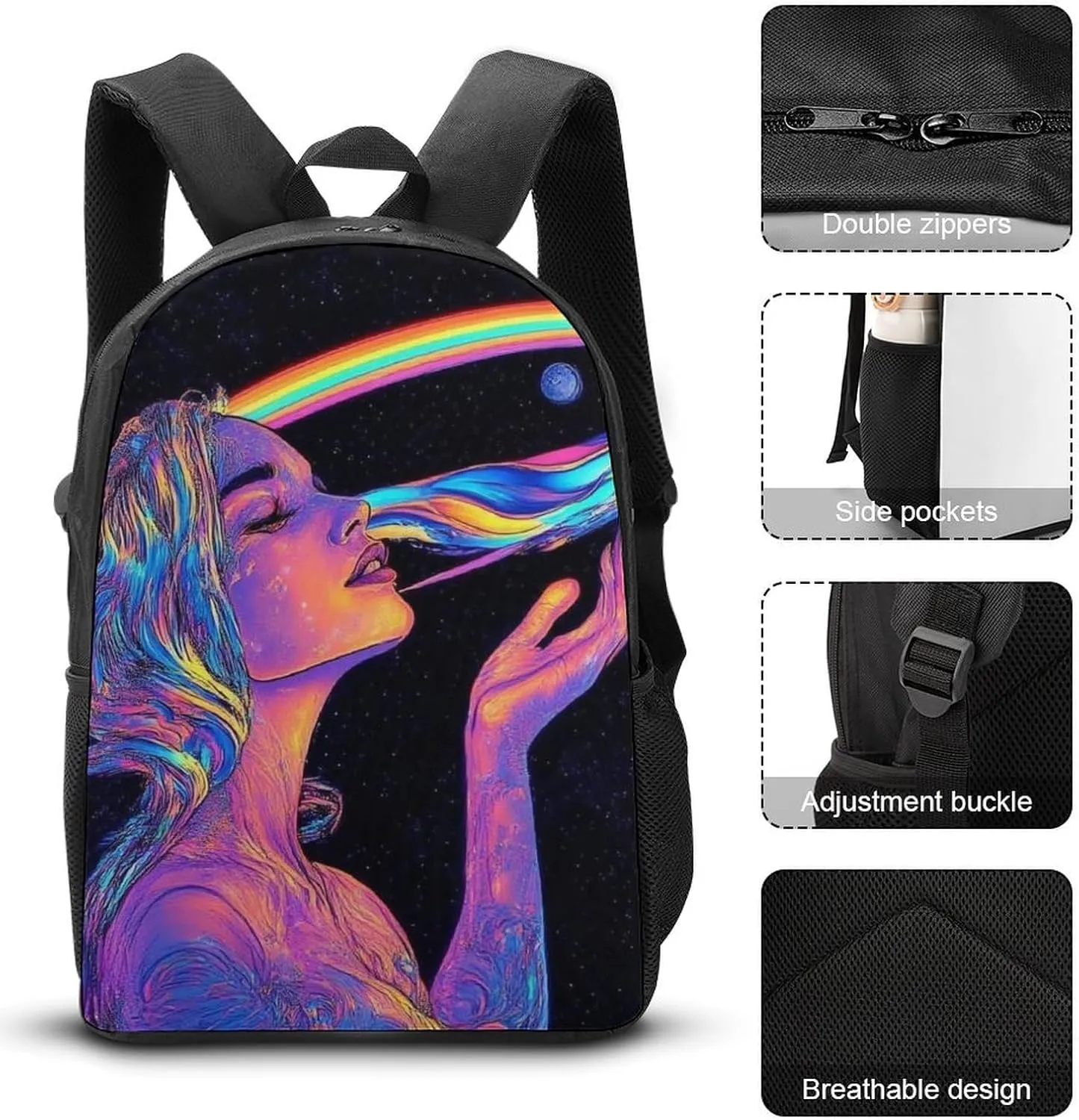 Travel Laptop Backpack Set, 3 Pieces Casual Bookbag with Lunch Bag Pencil Bag Trippy Moon Goddess Art 17 inch Daypack Insulated Lunchbox Mekup Bag