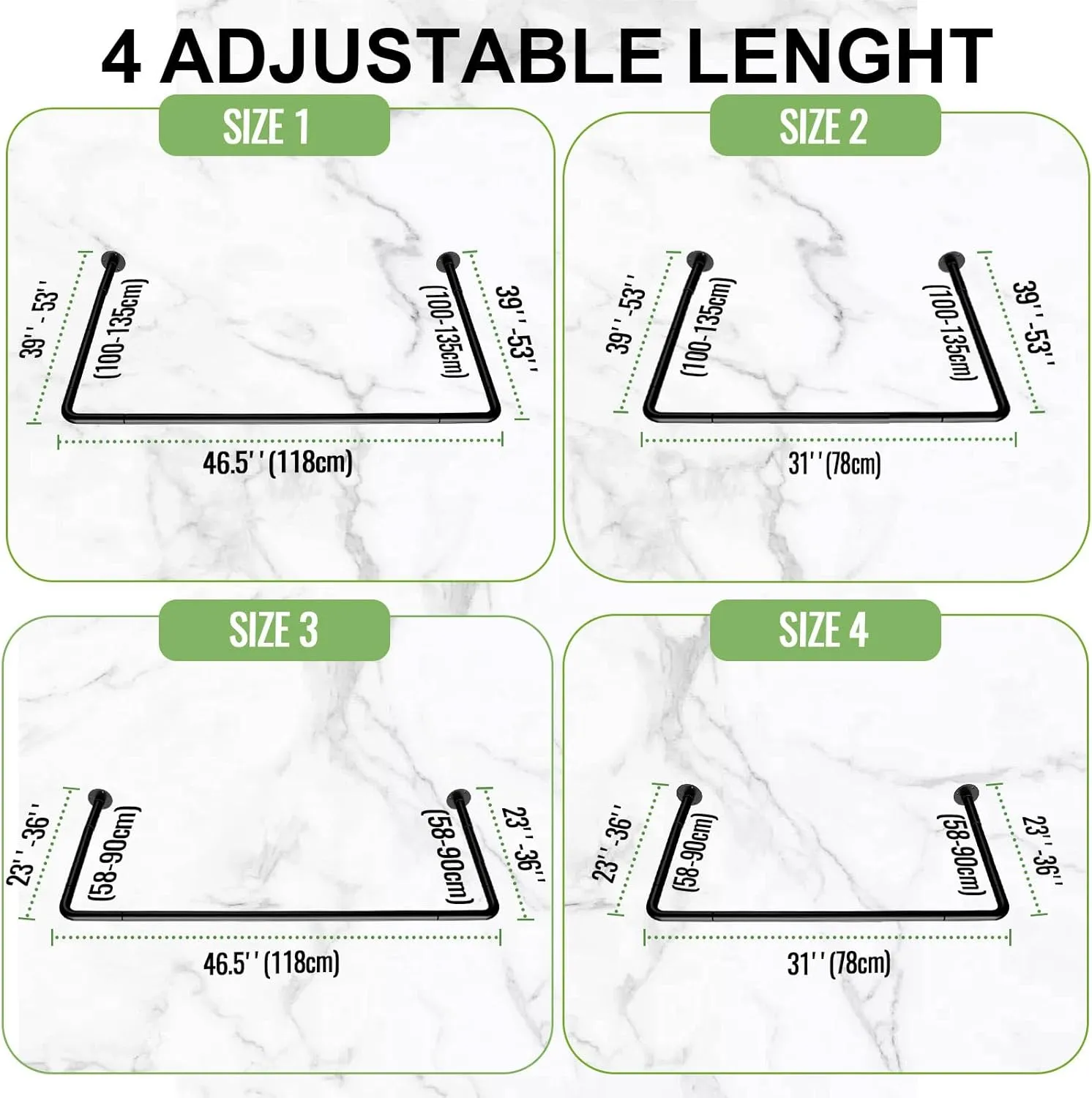 U Shaped Shower Curtain Rod, [Both Sides: 23"-52", Middle: 31"-46.5"] Adjustable U Shape Shower Rod Black Outdoor Corner Curtain Pole for Bathroom Bathtub with Ceiling Support & 12 Hooks
