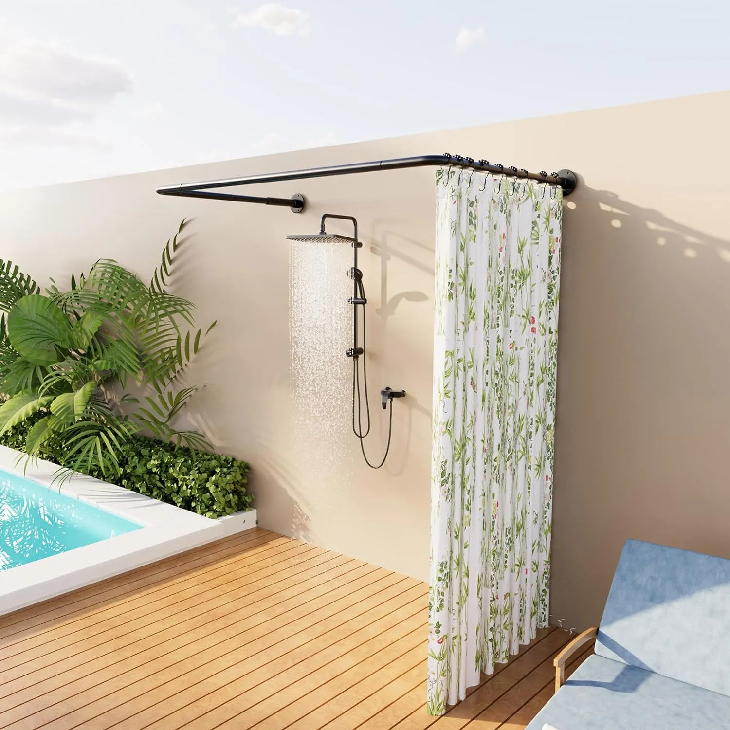 U Shaped Shower Curtain Rod, [Both Sides: 23"-52", Middle: 31"-46.5"] Adjustable U Shape Shower Rod Black Outdoor Corner Curtain Pole for Bathroom Bathtub with Ceiling Support & 12 Hooks