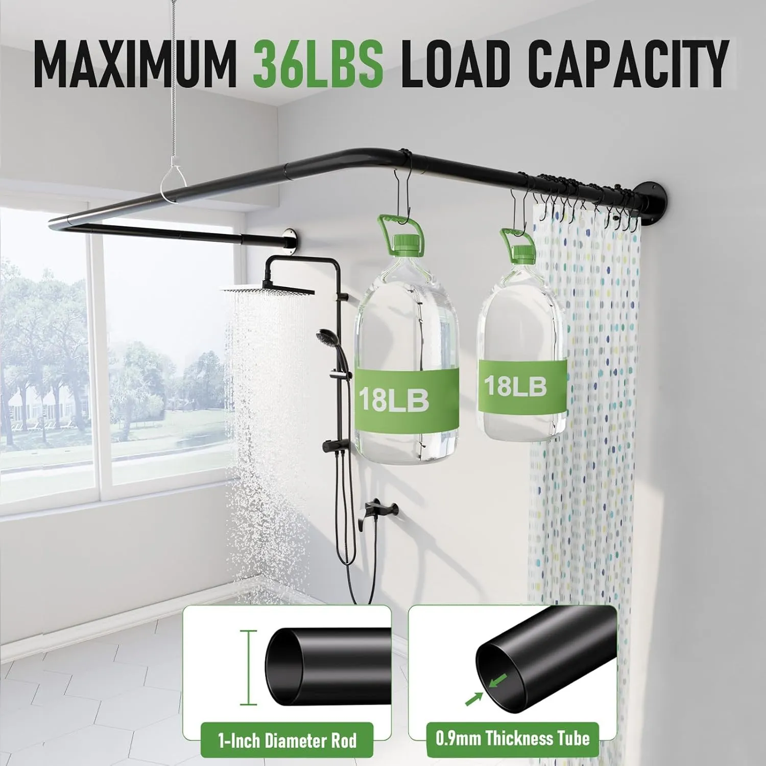 U Shaped Shower Curtain Rod, [Both Sides: 23"-52", Middle: 31"-46.5"] Adjustable U Shape Shower Rod Black Outdoor Corner Curtain Pole for Bathroom Bathtub with Ceiling Support & 12 Hooks