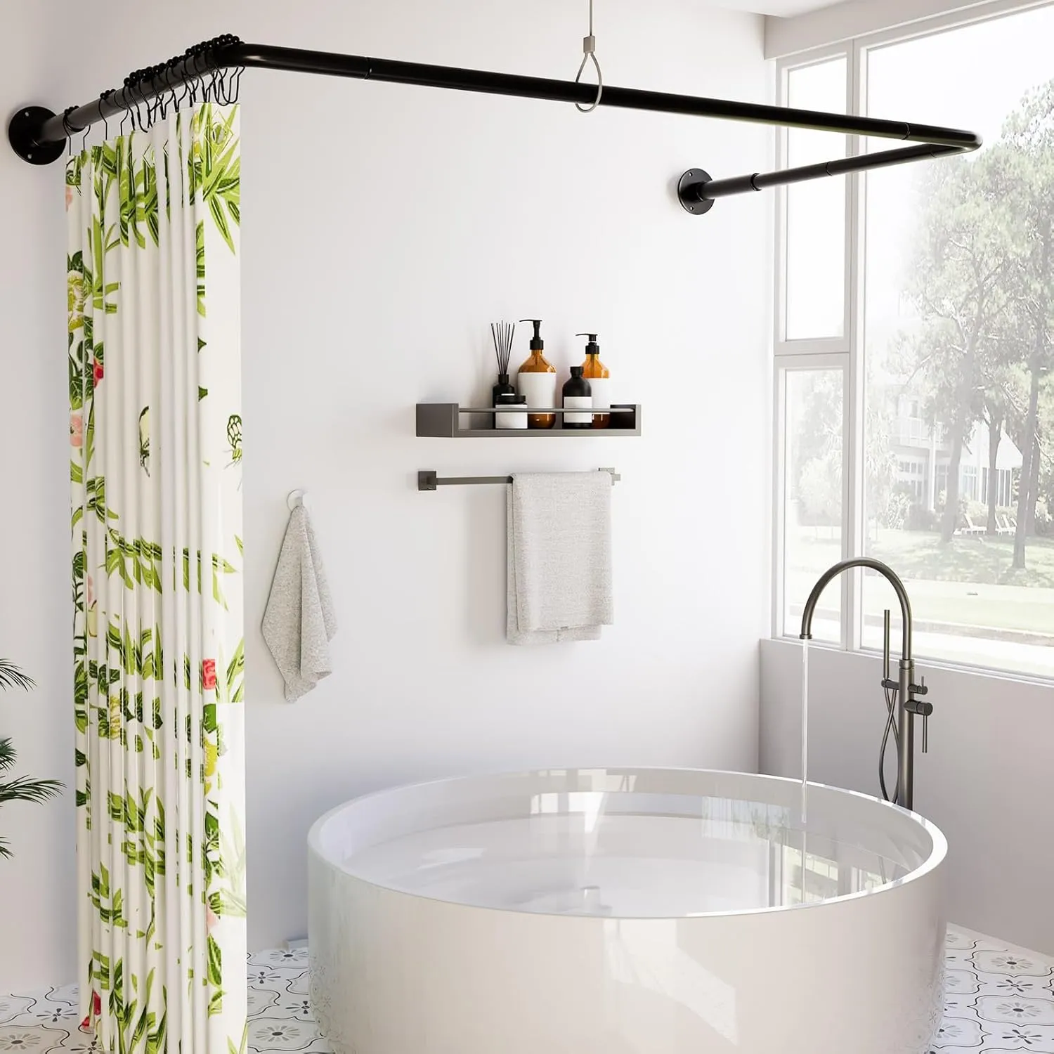 U Shaped Shower Curtain Rod, [Both Sides: 23"-52", Middle: 31"-46.5"] Adjustable U Shape Shower Rod Black Outdoor Corner Curtain Pole for Bathroom Bathtub with Ceiling Support & 12 Hooks