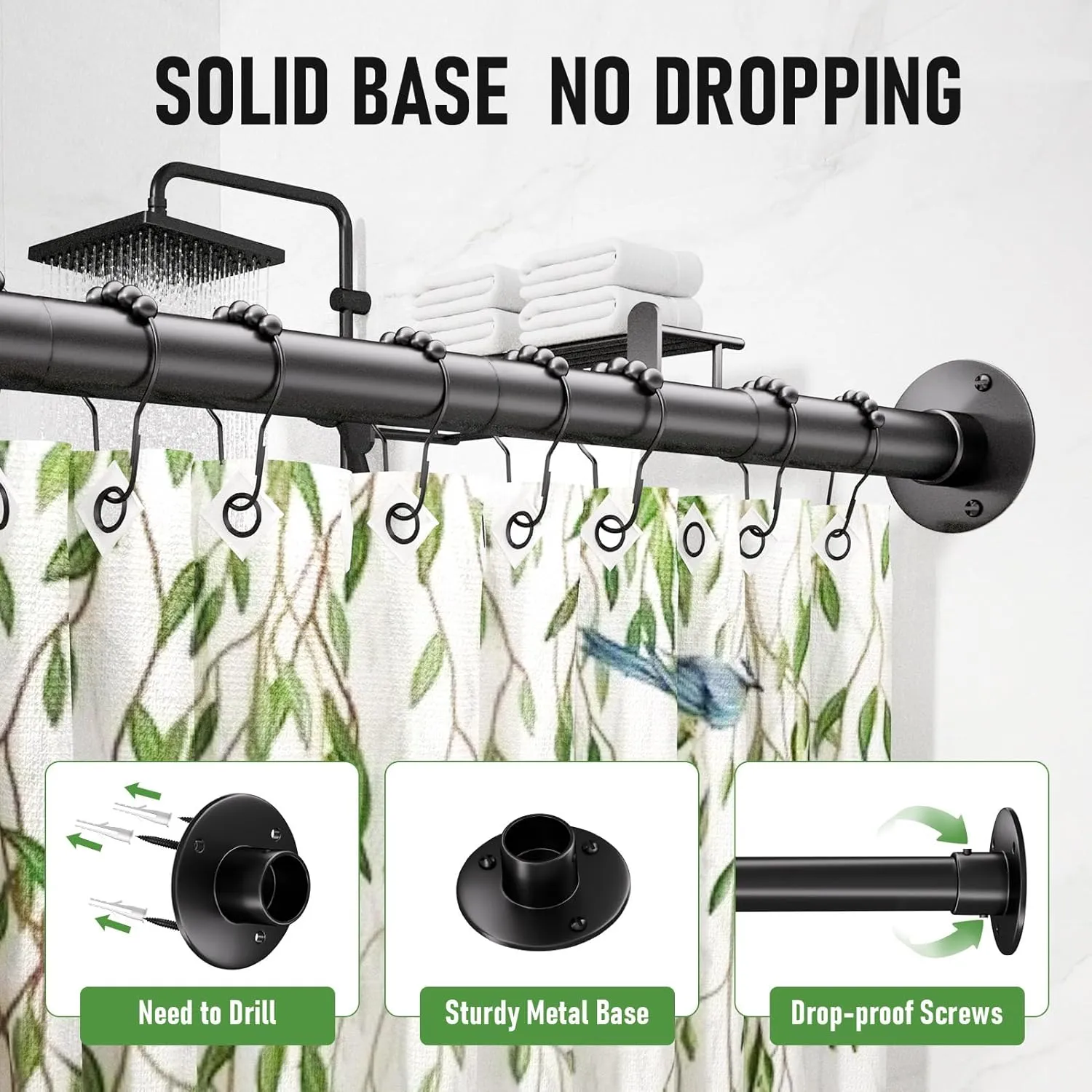 U Shaped Shower Curtain Rod, [Both Sides: 23"-52", Middle: 31"-46.5"] Adjustable U Shape Shower Rod Black Outdoor Corner Curtain Pole for Bathroom Bathtub with Ceiling Support & 12 Hooks