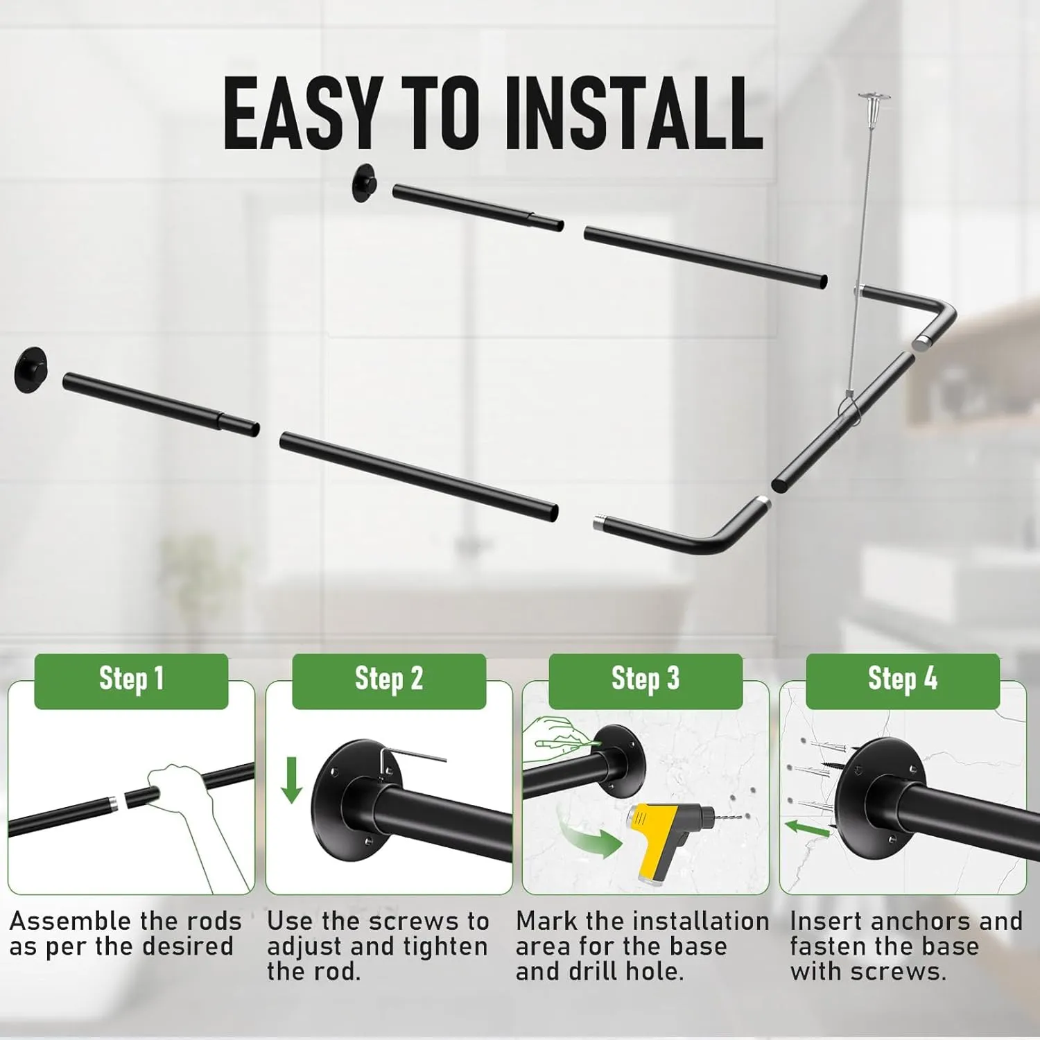 U Shaped Shower Curtain Rod, [Both Sides: 23"-52", Middle: 31"-46.5"] Adjustable U Shape Shower Rod Black Outdoor Corner Curtain Pole for Bathroom Bathtub with Ceiling Support & 12 Hooks