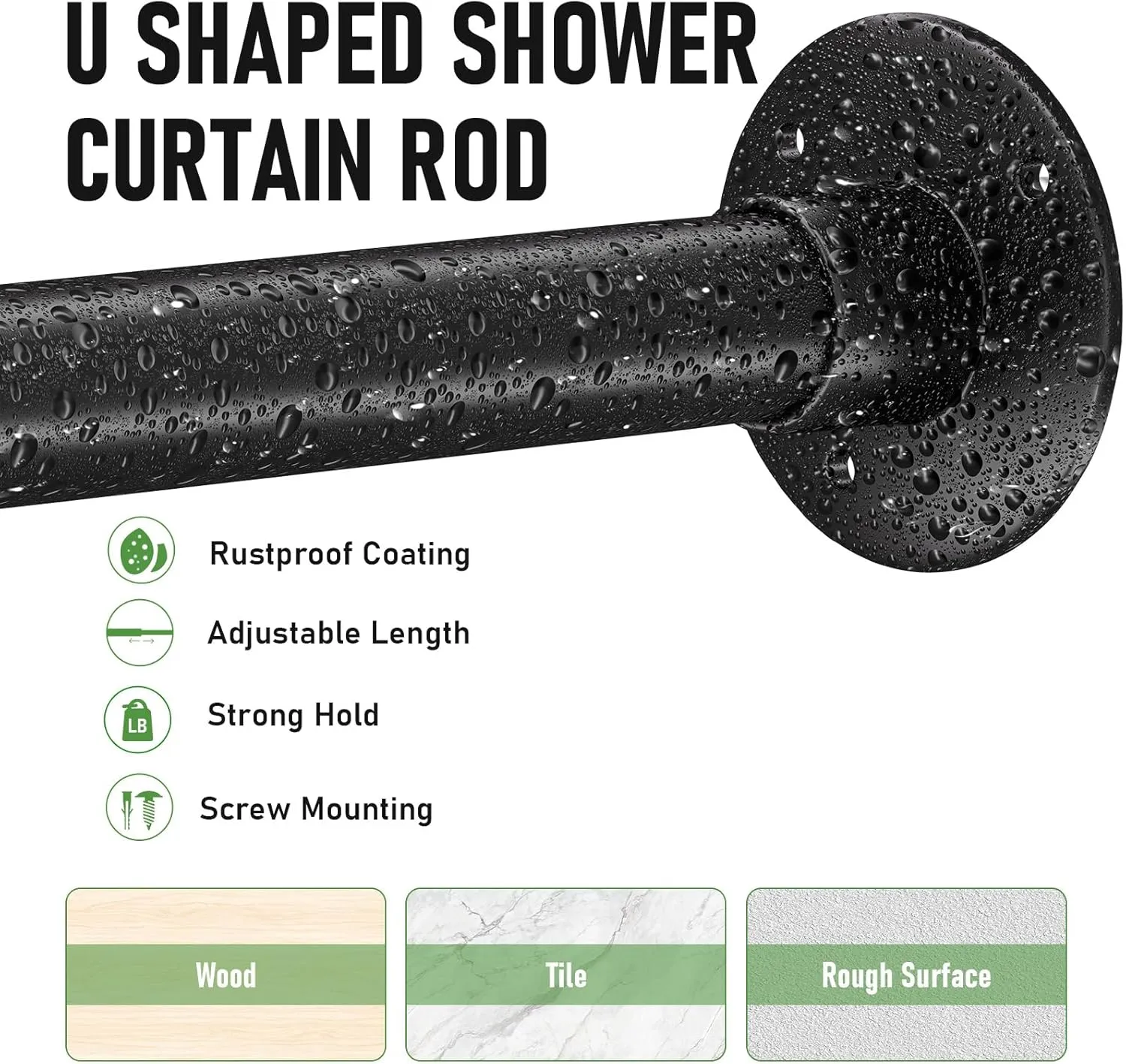 U Shaped Shower Curtain Rod, [Both Sides: 23"-52", Middle: 31"-46.5"] Adjustable U Shape Shower Rod Black Outdoor Corner Curtain Pole for Bathroom Bathtub with Ceiling Support & 12 Hooks