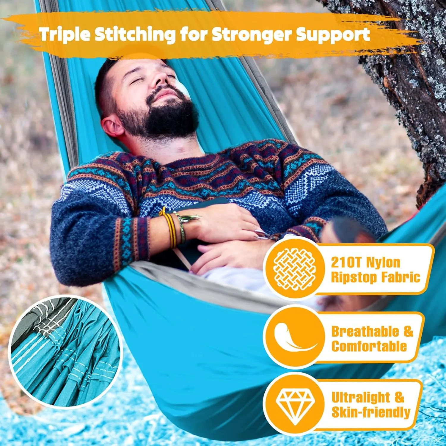 Ultra-Light Travel Camping Hammock | 300kg Load Capacity,(300x200cm) Breathable,Quick-Drying Parachute Nylon | 2 x Premium Carabiners,2 x Nylon Slings Included | for Outdoor Indoor Garden