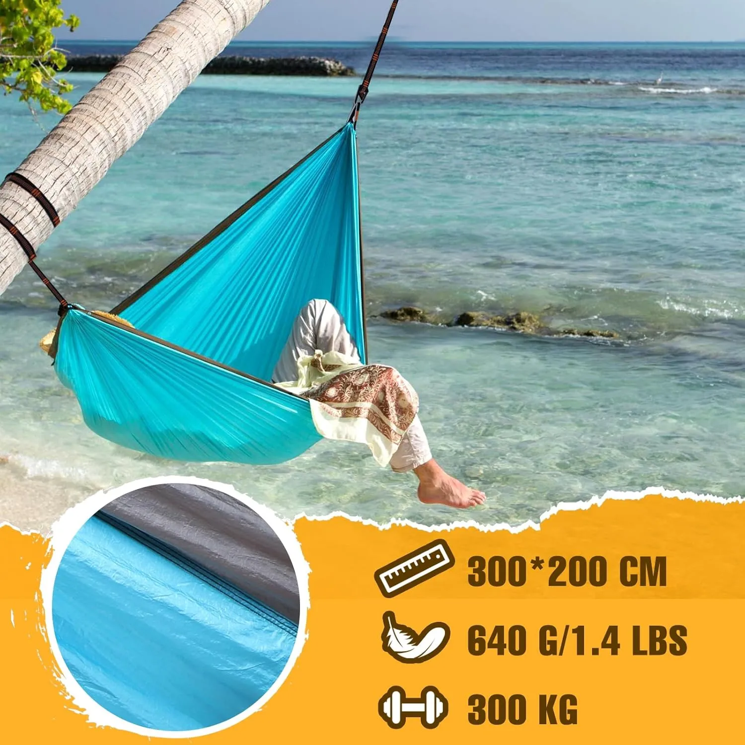 Ultra-Light Travel Camping Hammock | 300kg Load Capacity,(300x200cm) Breathable,Quick-Drying Parachute Nylon | 2 x Premium Carabiners,2 x Nylon Slings Included | for Outdoor Indoor Garden