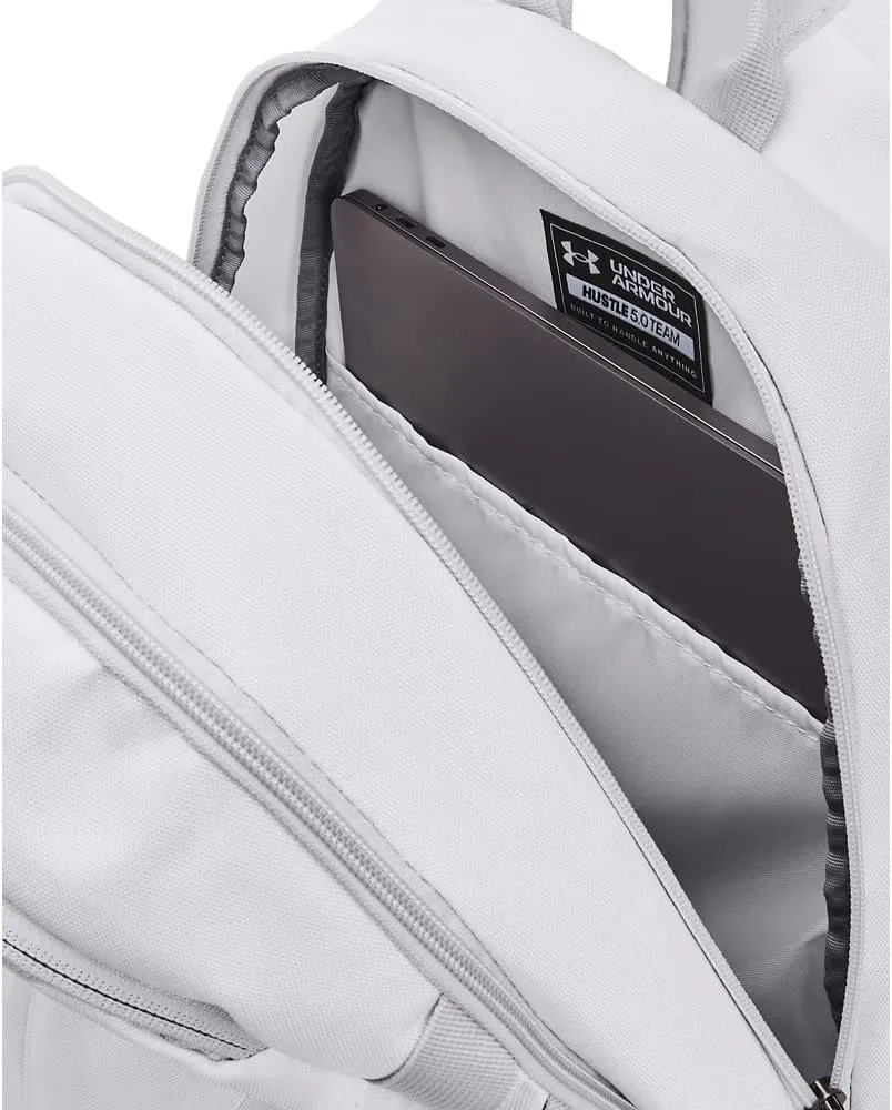 Under Armour Unisex Hustle 5.0 Team Backpack, (100) White / / Metallic Gold, One Size Fits All