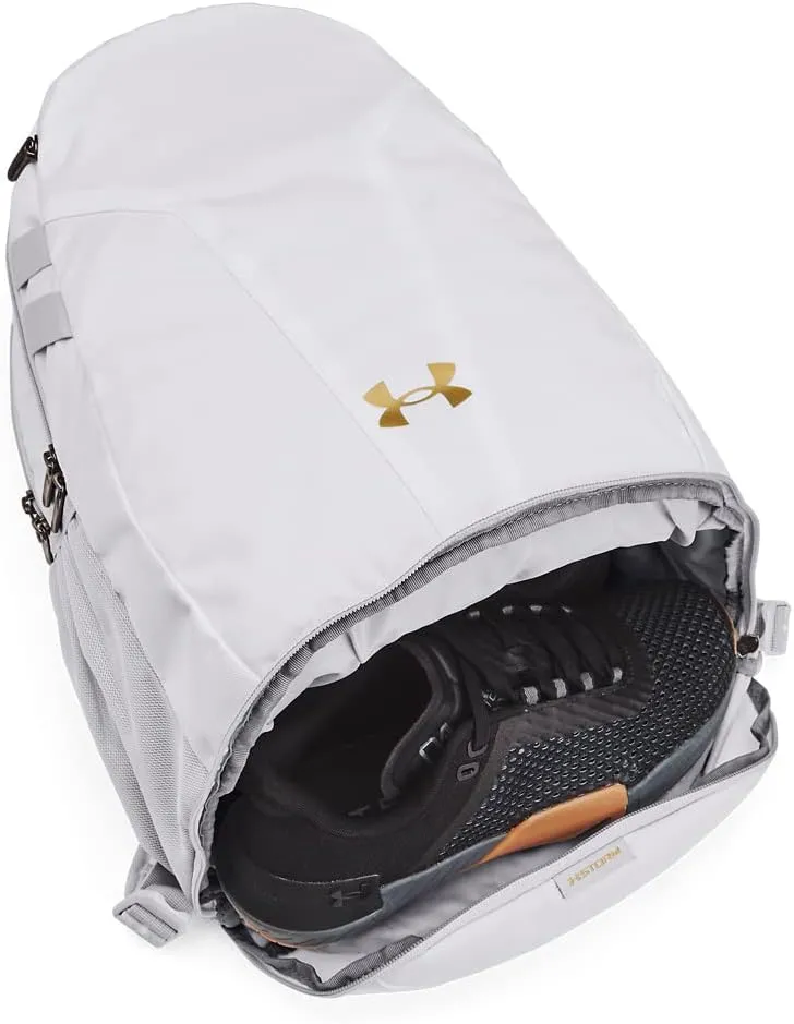 Under Armour Unisex Hustle 5.0 Team Backpack, (100) White / / Metallic Gold, One Size Fits All