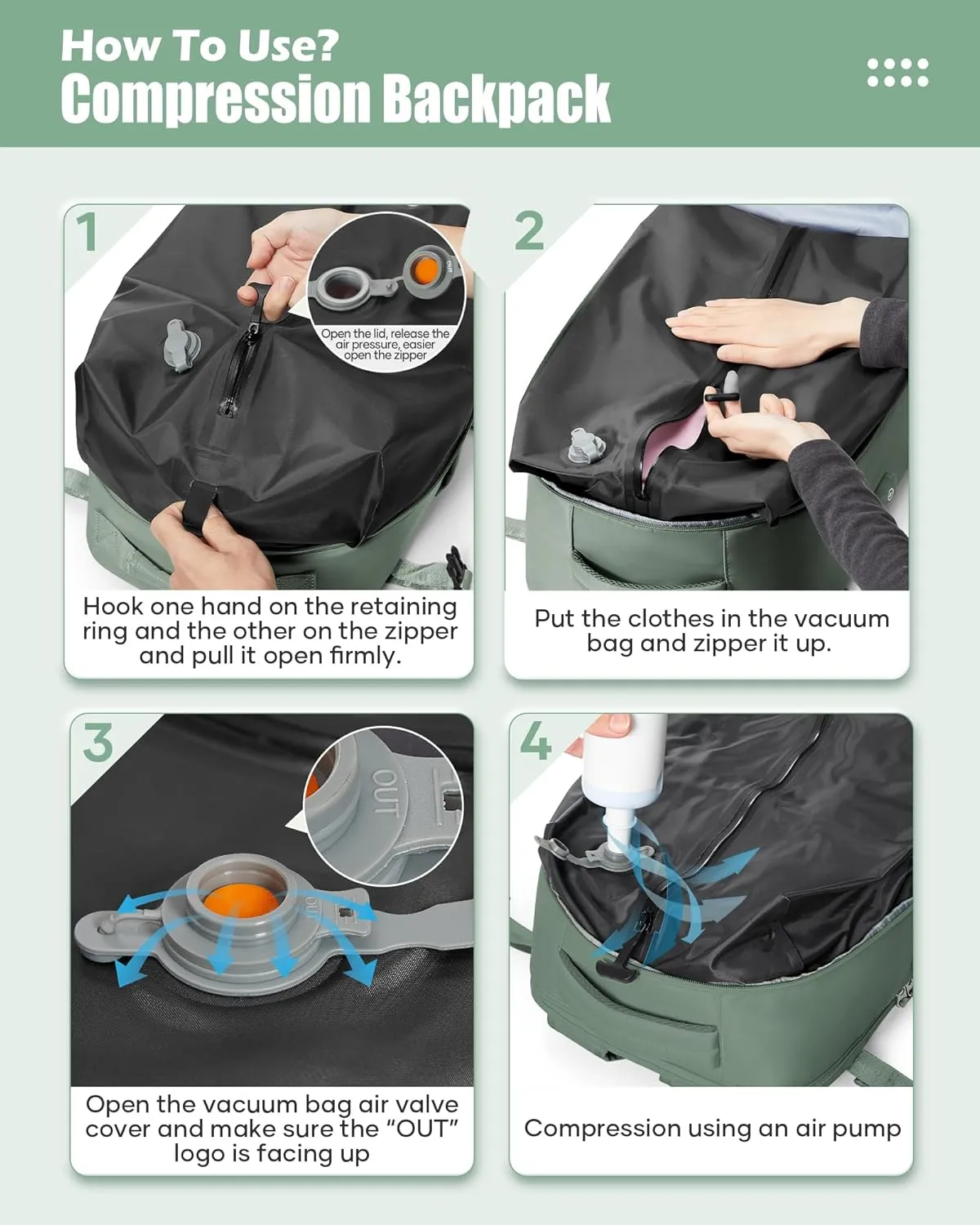Vacuum Travel Backpack with Pump Vacuum Compression Seal Vacpack Airback Laptop Backpack for Women Men Carry on Backpack Personal Item Travel Bag Luggage Flight Approved Business Back Pack Dark Green