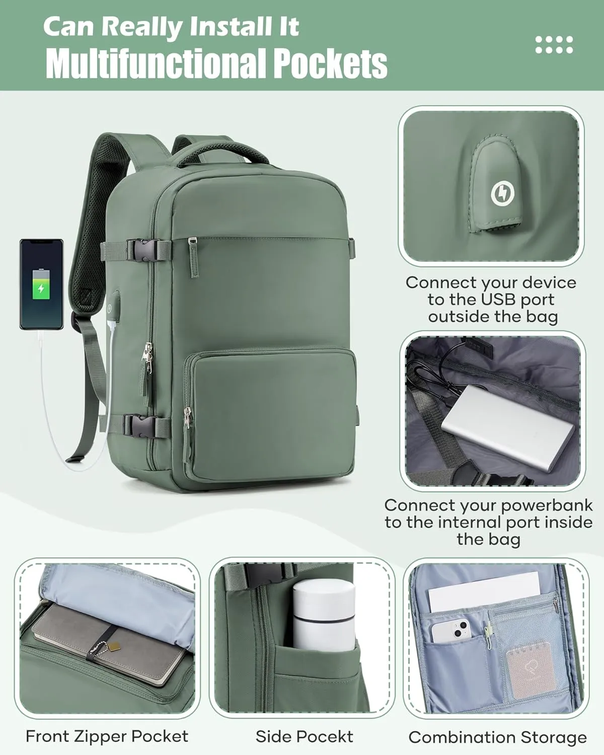 Vacuum Travel Backpack with Pump Vacuum Compression Seal Vacpack Airback Laptop Backpack for Women Men Carry on Backpack Personal Item Travel Bag Luggage Flight Approved Business Back Pack Dark Green