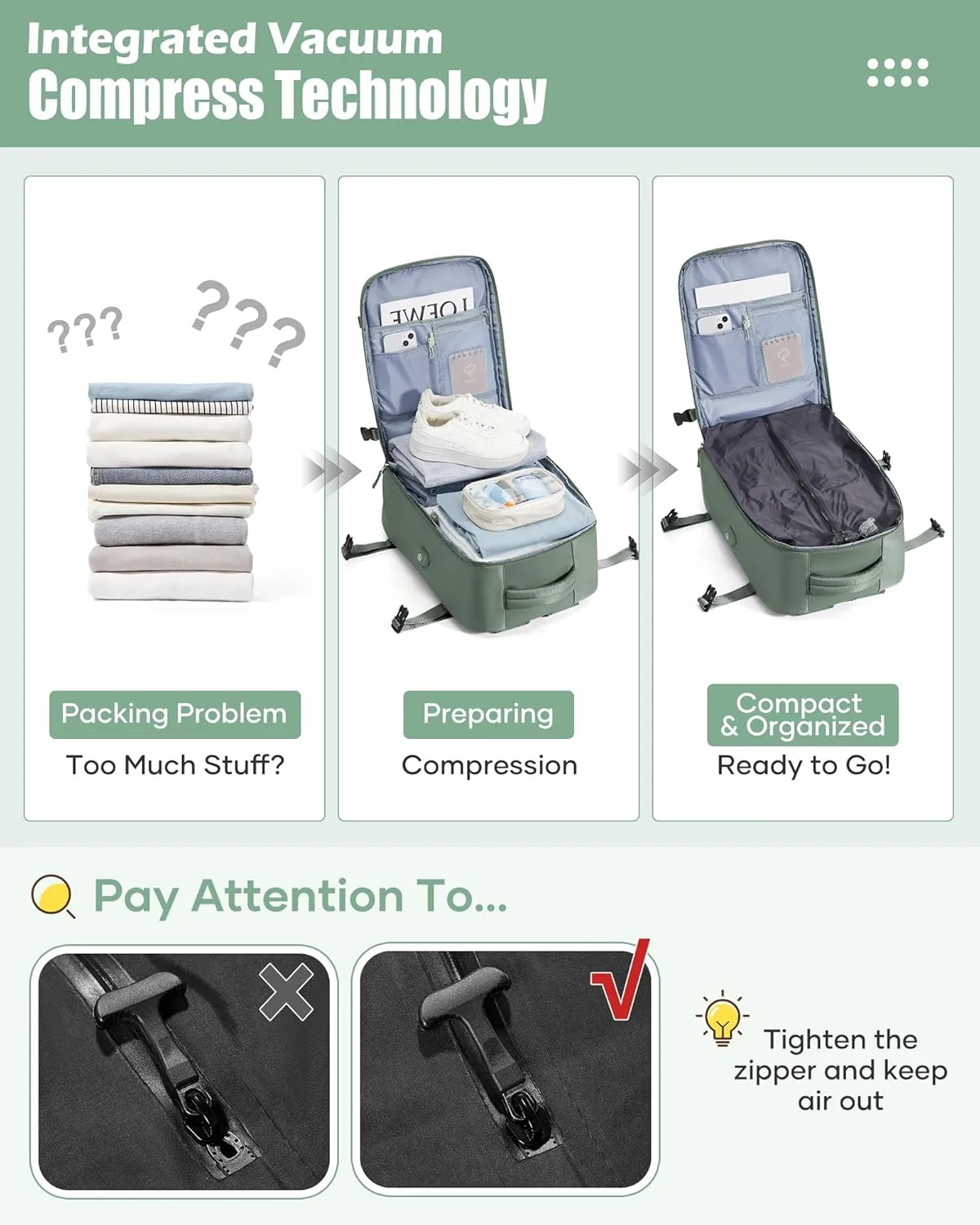 Vacuum Travel Backpack with Pump Vacuum Compression Seal Vacpack Airback Laptop Backpack for Women Men Carry on Backpack Personal Item Travel Bag Luggage Flight Approved Business Back Pack Dark Green
