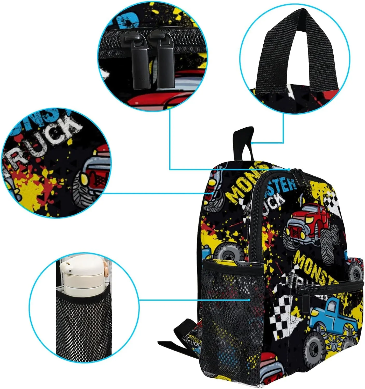 Vantaso Cute Monster Truck Black Kids Backpack, Mini Bag for Boys Girls Preschool Travel